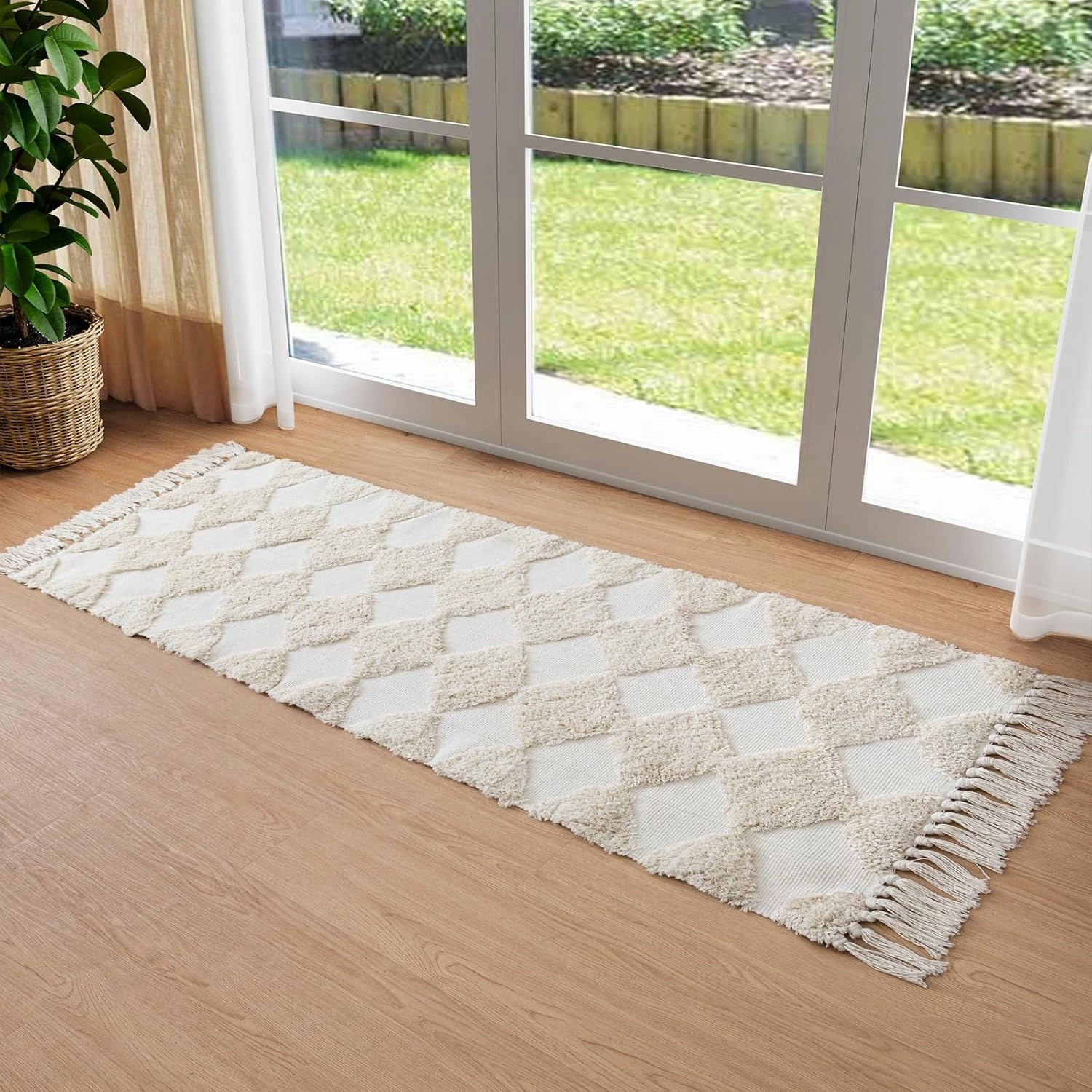 Lahome Boho Checkered Carpet Runners for Hallway 8ft, Beige Farmhouse Kitchen Rug Runner, Washable Cotton Tufted Hallway Runner Rug Bohemian Rug Throw Carpet Runner for Porch Bedroom Living Room