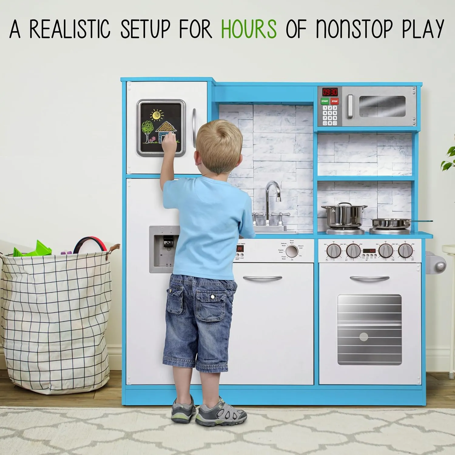Lil' Jumbl Kids Kitchen Set, Pretend Wooden Play Kitchen, Battery Operated Icemaker & Microwave with Realistic Sound, Pots & Pan Included - Blue