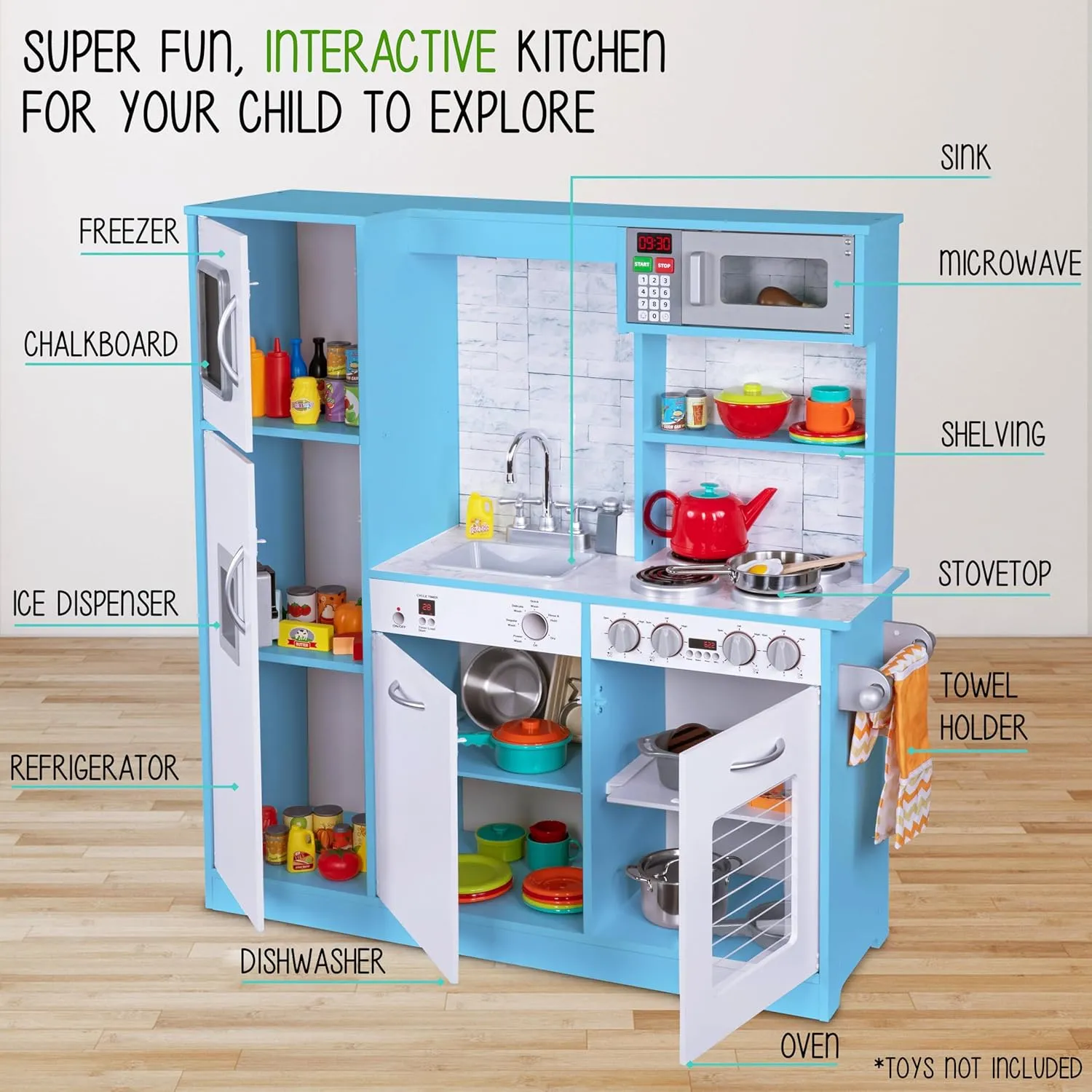 Lil' Jumbl Kids Kitchen Set, Pretend Wooden Play Kitchen, Battery Operated Icemaker & Microwave with Realistic Sound, Pots & Pan Included - Blue