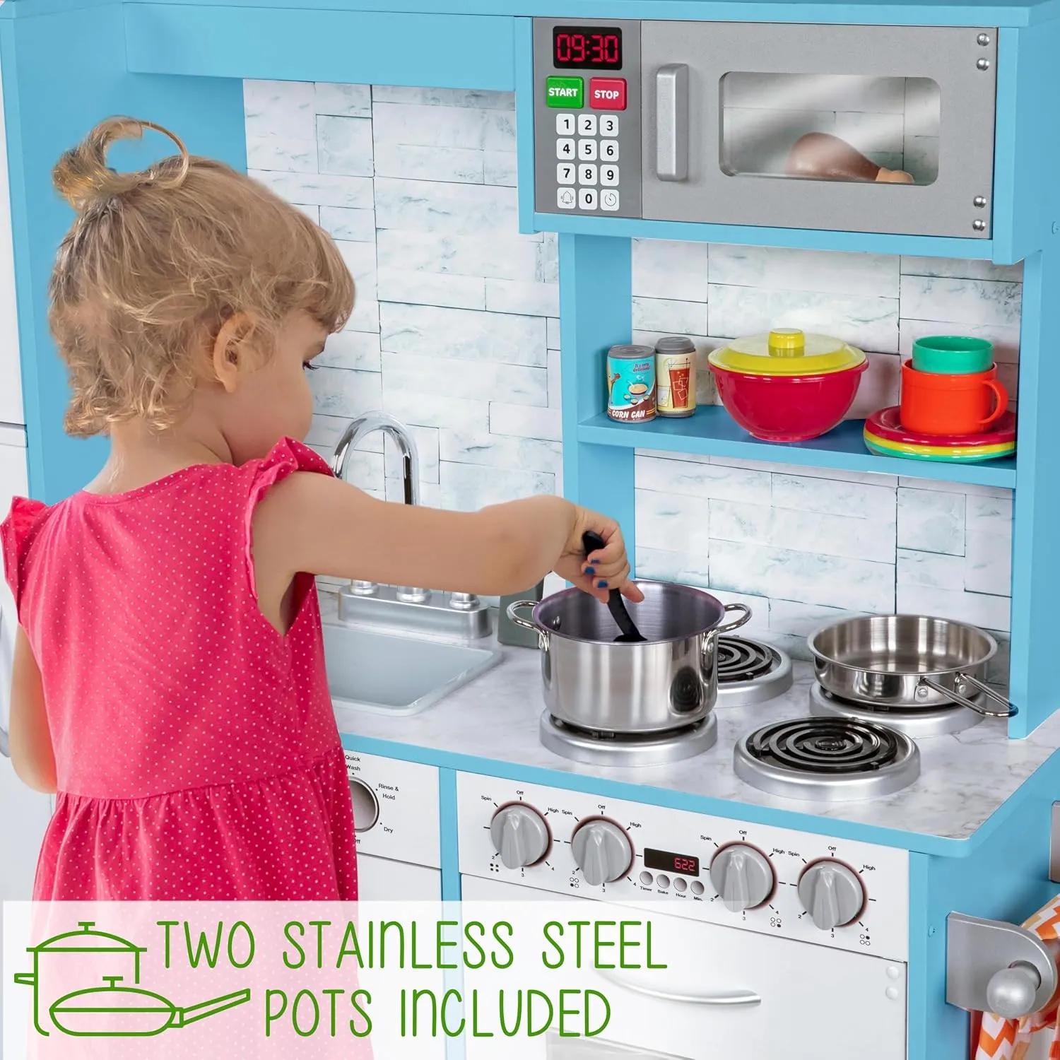 Lil' Jumbl Kids Kitchen Set, Pretend Wooden Play Kitchen, Battery Operated Icemaker & Microwave with Realistic Sound, Pots & Pan Included - Blue
