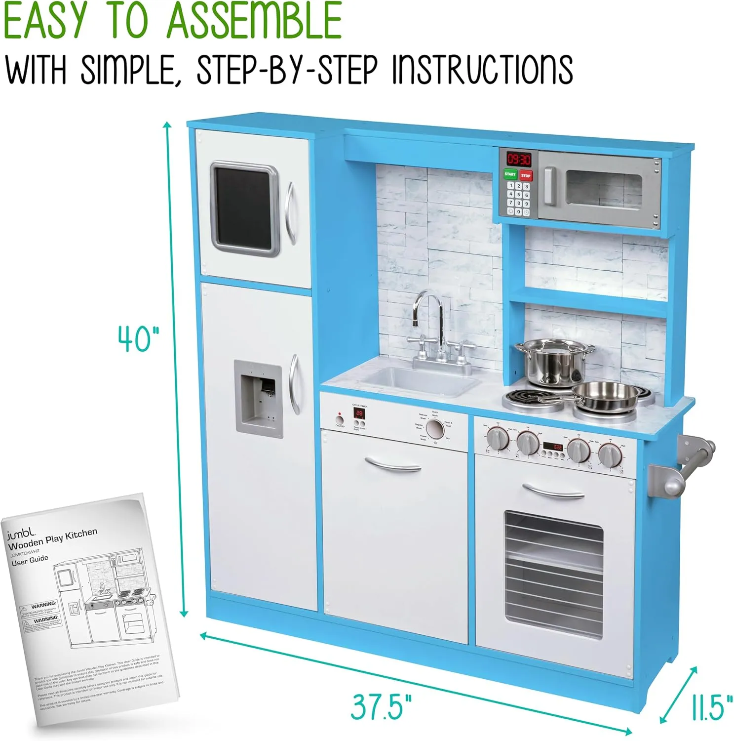 Lil' Jumbl Kids Kitchen Set, Pretend Wooden Play Kitchen, Battery Operated Icemaker & Microwave with Realistic Sound, Pots & Pan Included - Blue