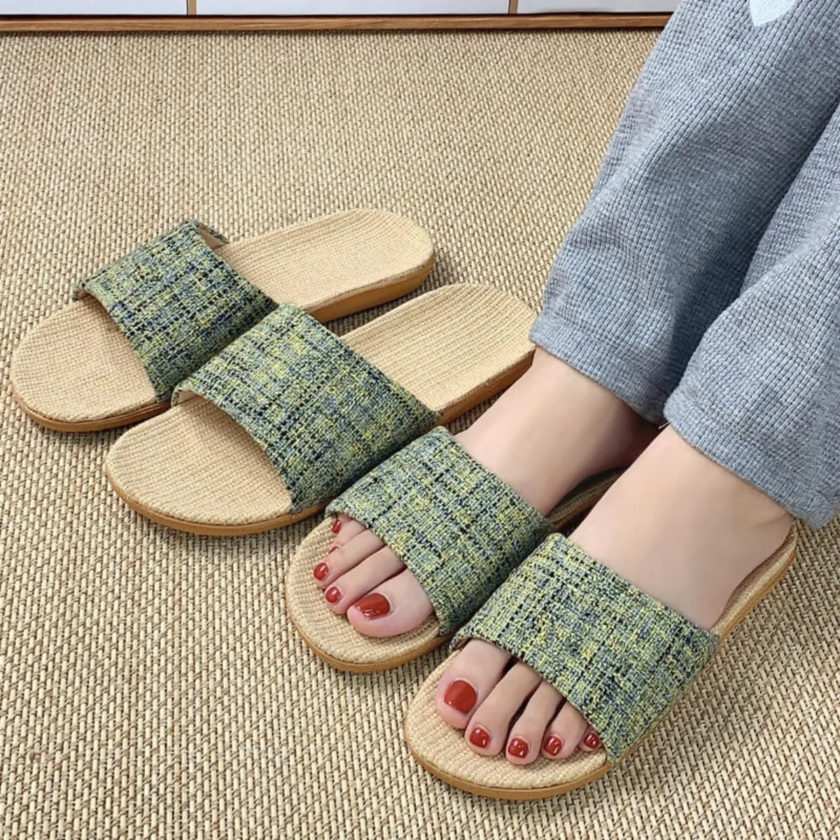 Linen Slippers for Women Men Summer Home Slippers Indoor Soft Sole Anti-Slip and Wear-Resistant Couple Slippers Open Toe Breathable House Shoes