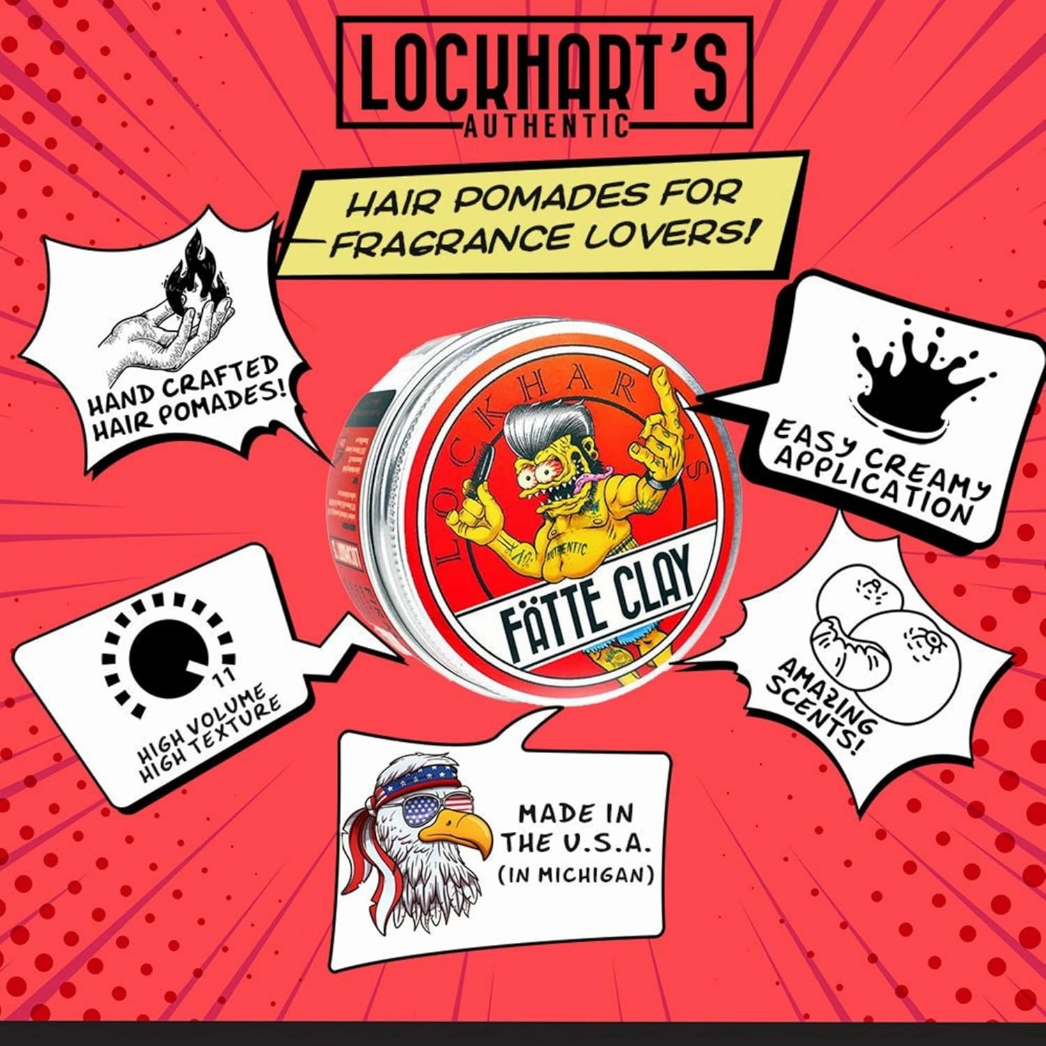 Lockhart’s Fätte Clay - Pomade For Men – All-Day Hold, Natural Finish, Insane Texture and Volume – Smooth, Easy Application - Wicked Hold Without The Crunchy Hair – Sandalwood Scent (3.4oz)