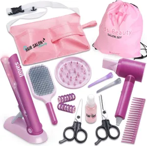 Madzee Girls Beauty Hair Salon Toys for Girls, Pretend Play Hair Stylist Toy Kit with Hairdryer, Pretend Play Hair Styling Toy Playset, Pink
