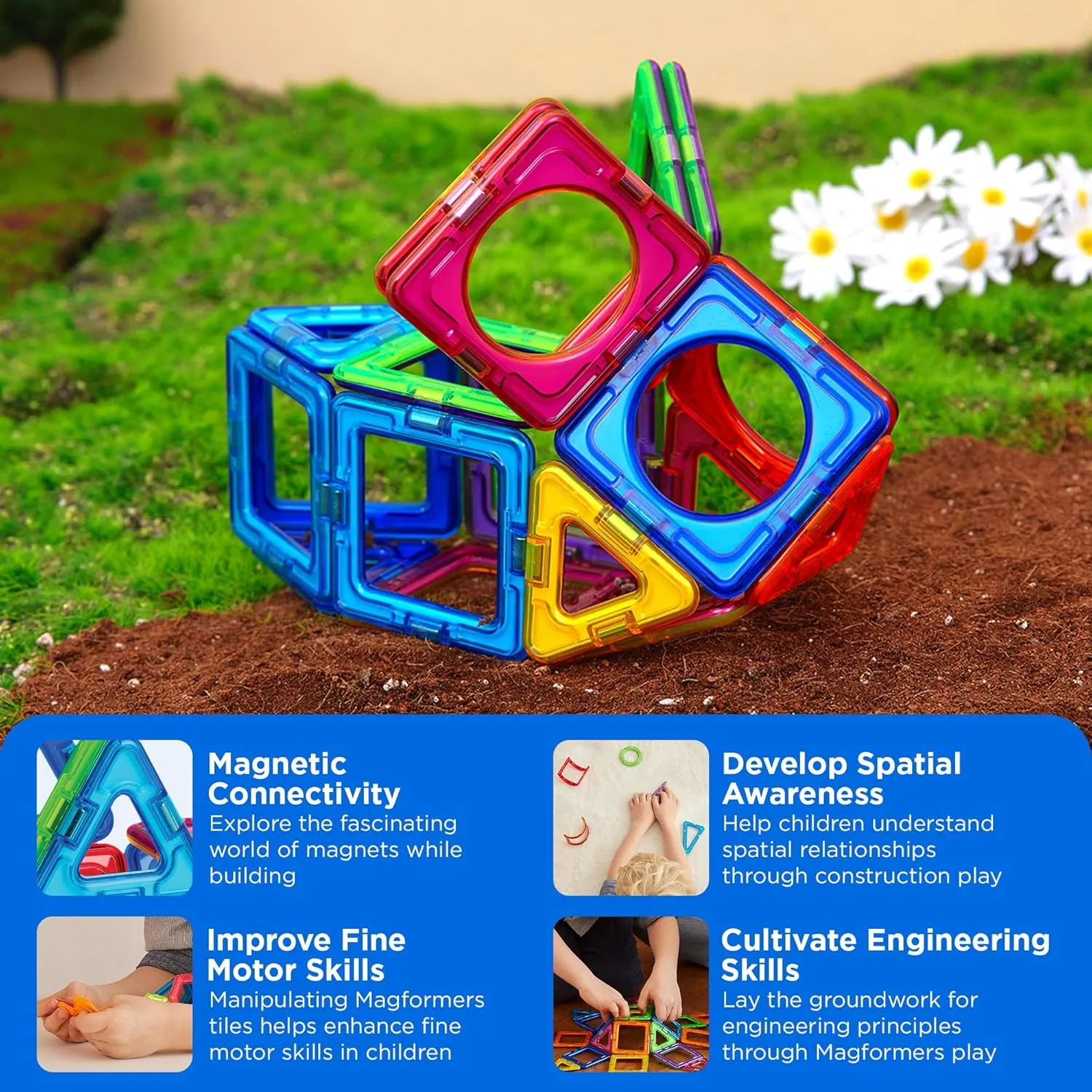 MAGFORMERS Basic Plus 14Piece, Rainbow Colors, Educational Magnetic Geometric Shapes Tiles Building STEM Toy Set Ages 3 