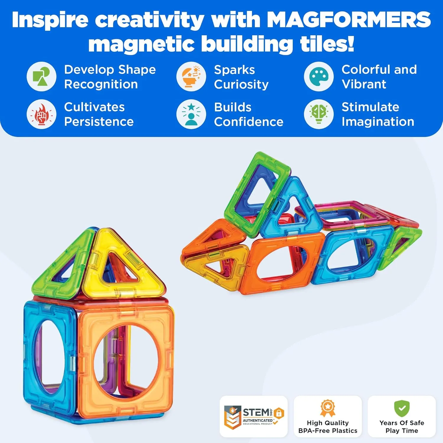 MAGFORMERS Basic Plus 14Piece, Rainbow Colors, Educational Magnetic Geometric Shapes Tiles Building STEM Toy Set Ages 3 