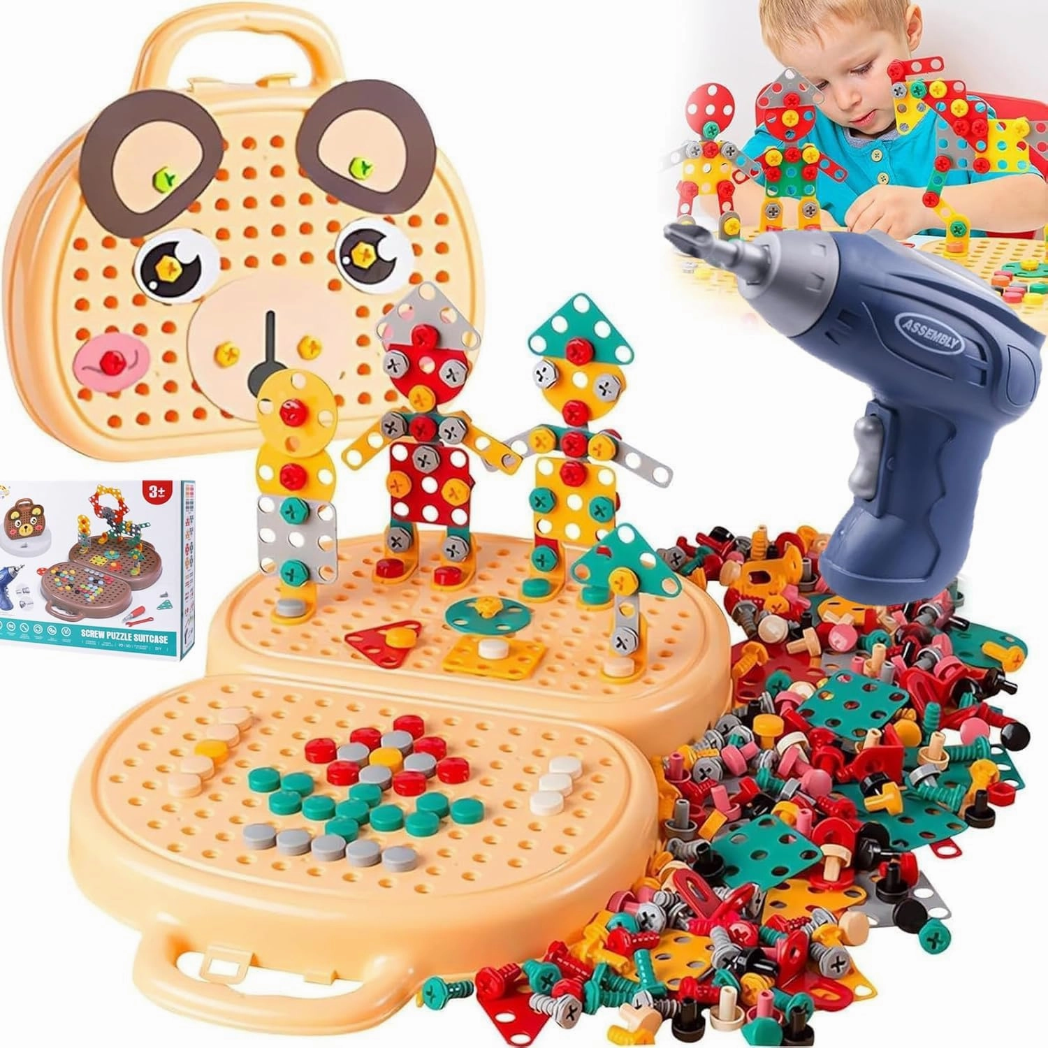 Magic Montessori Play Toolbox Bear with Drill 203Pcs Montessori Toys for 3  Year Old Kids Drill and Screw Set 2D/3D Creativity Tool Box Gift for Boys and Girls