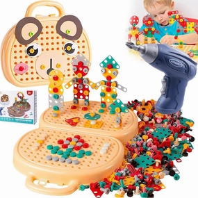 Magic Montessori Play Toolbox Bear with Drill 203Pcs Montessori Toys for 3  Year Old Kids Drill and Screw Set 2D/3D Creativity Tool Box Gift for Boys and Girls