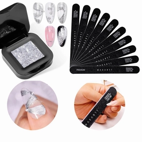 Makartt Nail File 100 180 Grit Emery Boards for Nails 10pcs Black Nail Files Bundle with 3D Nail Gel: Sculpting Gel for Nail Art, No Wipe UV Nail Gel, Silver Fairy Aurora Powder Gel