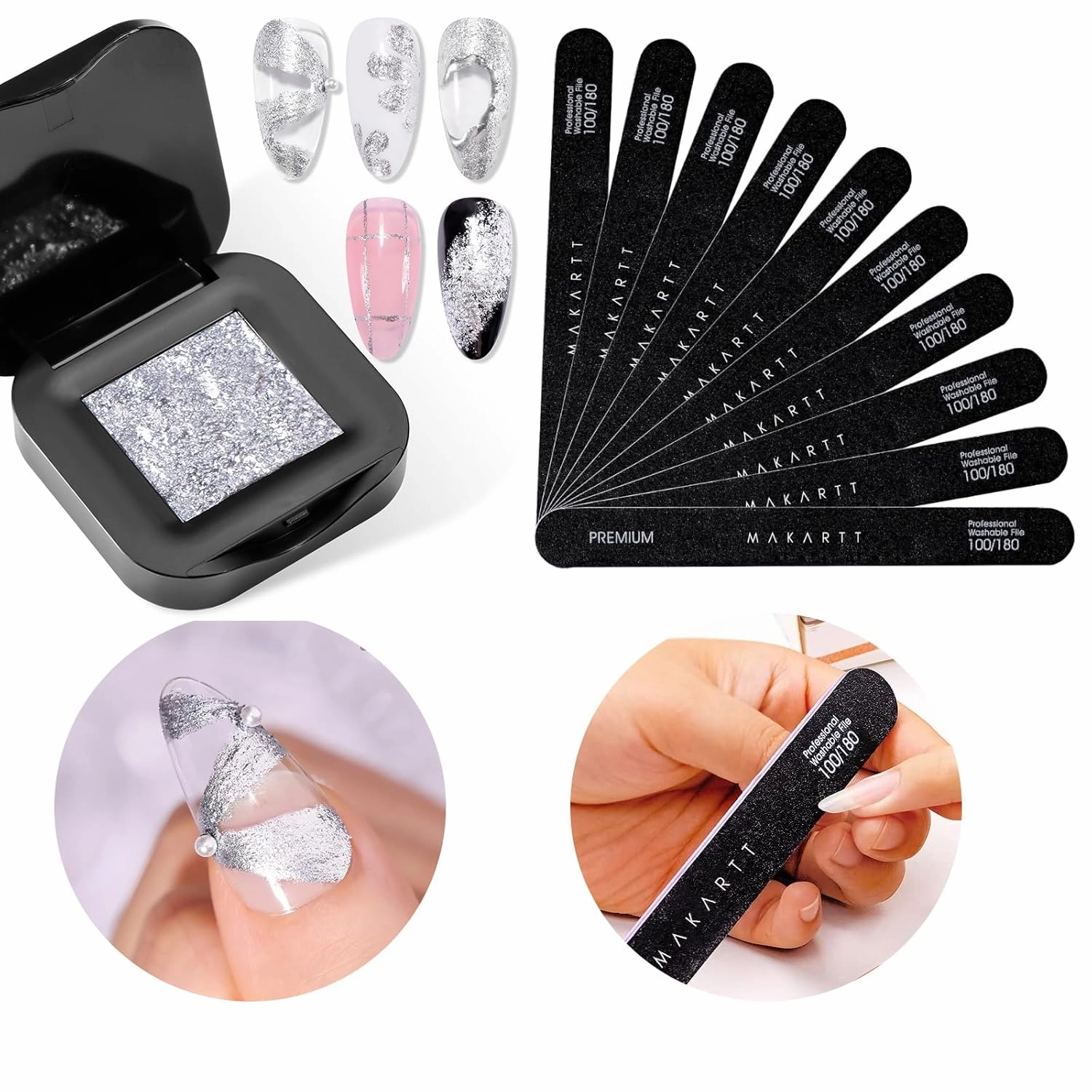 Makartt Nail File 100 180 Grit Emery Boards for Nails 10pcs Black Nail Files Bundle with 3D Nail Gel: Sculpting Gel for Nail Art, No Wipe UV Nail Gel, Silver Fairy Aurora Powder Gel