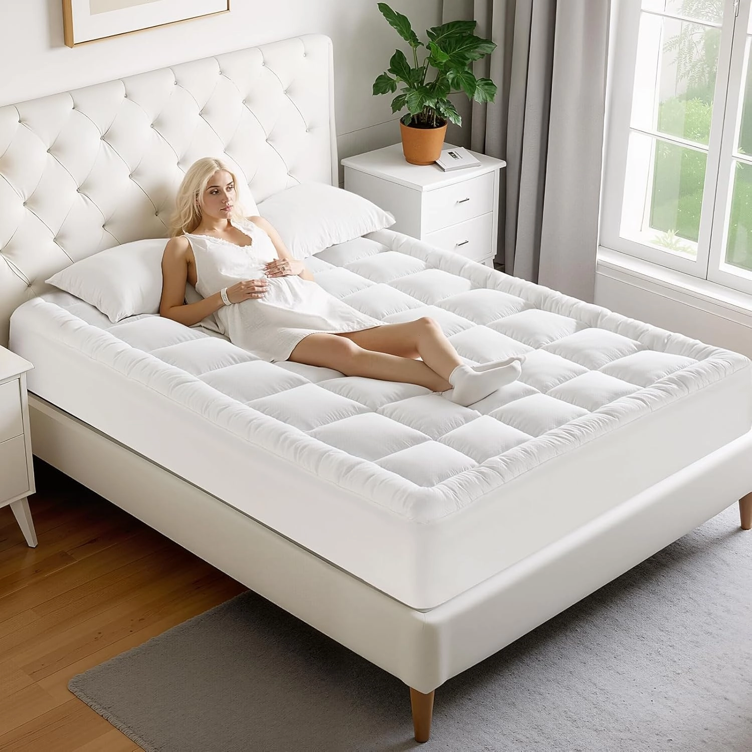 MATBEBY Twin XL Mattress Pad - Cooling Breathable Mattress Topper, Quilted Fitted Mattress Protector, Pillow Top Mattress Cover with 8-21" Deep Pocket, Soft, Machine Washable, White, Twin Extra Long
