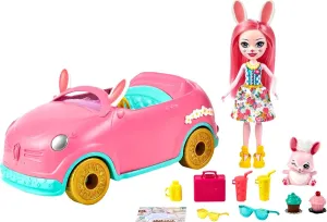 Mattel Enchantimals Bunnymobile Car (10.2-in) 10-Piece Set with Doll, Bunny Figure, and Accessories, Great Toy for Kids Ages 3 and Up