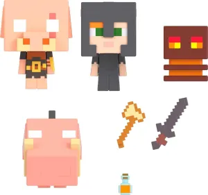 Mattel Minecraft Mob Head Minis Toys, Nether Fire Battle Playset with 4 Action Figures & Accessories, Collectible Set