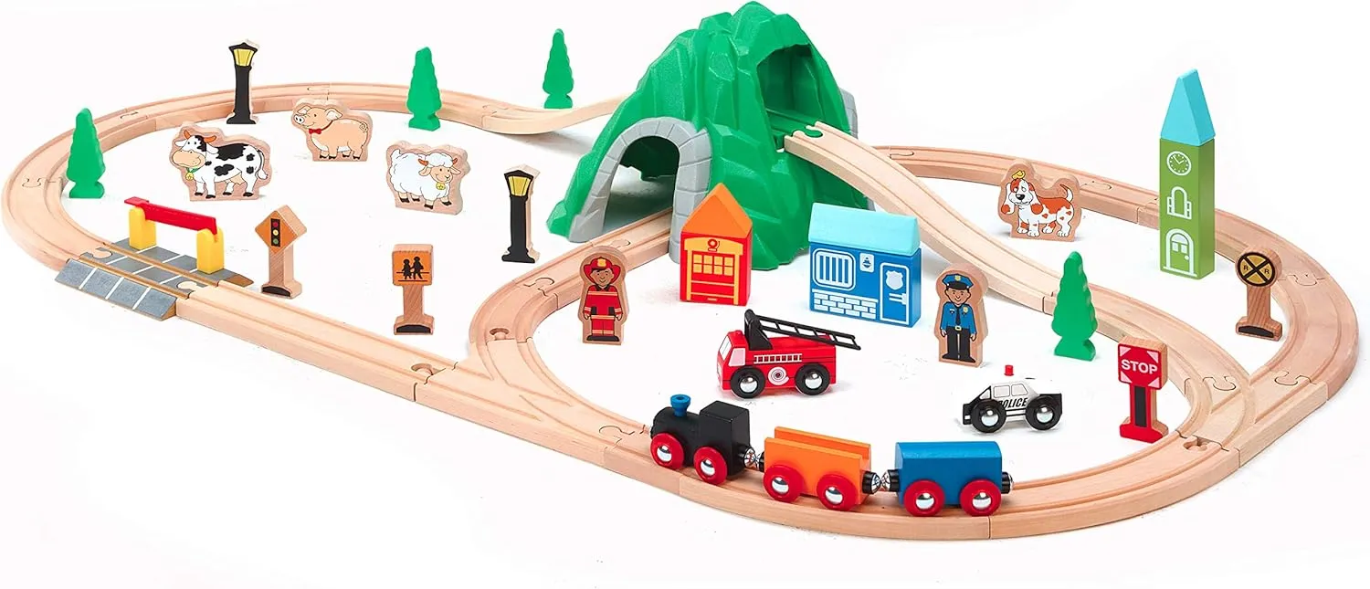 Maxim 50pc Mountain Train Set Set for Toddler with Double-Side Train Tracks Fits Brio, Thomas, Melissa and Doug, Kids Wood Toy Train for 3,4,5 Year Old Boys and Girls