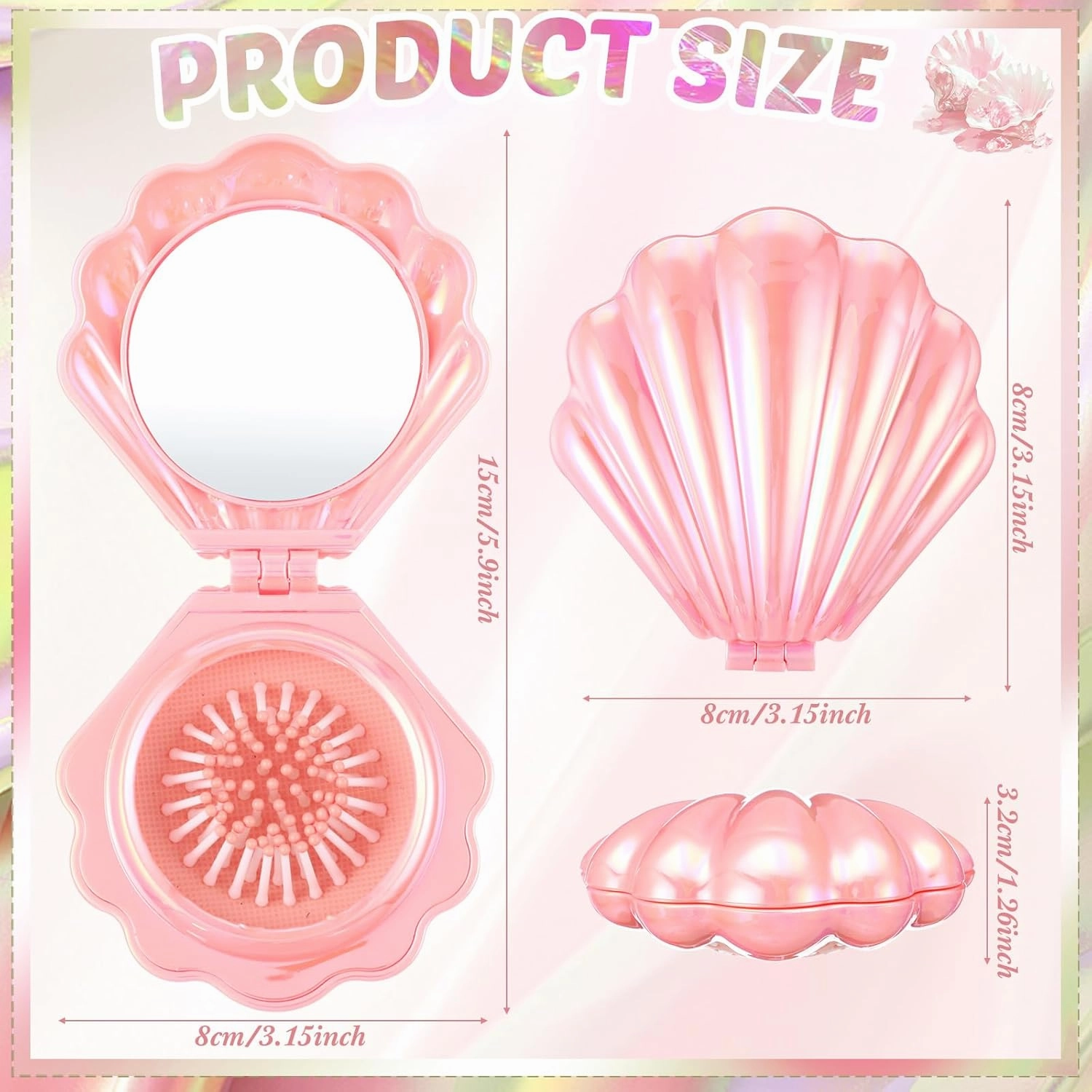 Meanplan 12 Pcs Mini Foldable Travel Hair Brush with Mirror Shell Shape Pocket Makeup Mirror Compact Hair Massage Comb Brush for Women Girls Hairstyles Bridal Shower Gift Party Supplies (Pink)