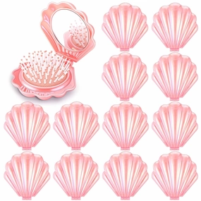 Meanplan 12 Pcs Mini Foldable Travel Hair Brush with Mirror Shell Shape Pocket Makeup Mirror Compact Hair Massage Comb Brush for Women Girls Hairstyles Bridal Shower Gift Party Supplies (Pink)