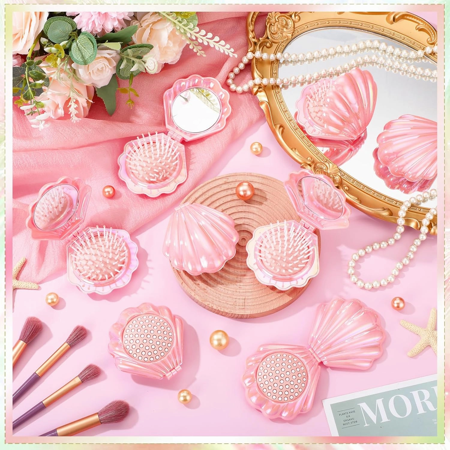 Meanplan 12 Pcs Mini Foldable Travel Hair Brush with Mirror Shell Shape Pocket Makeup Mirror Compact Hair Massage Comb Brush for Women Girls Hairstyles Bridal Shower Gift Party Supplies (Pink)