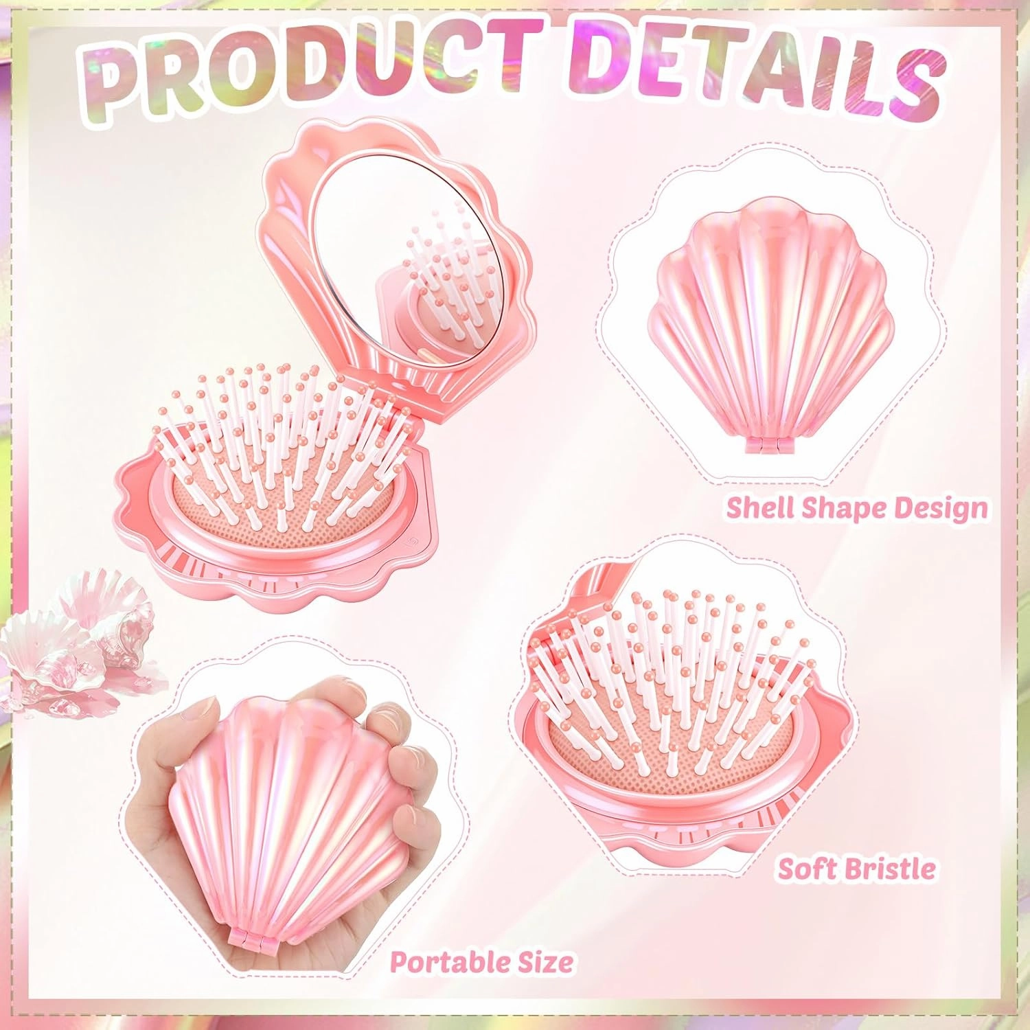 Meanplan 12 Pcs Mini Foldable Travel Hair Brush with Mirror Shell Shape Pocket Makeup Mirror Compact Hair Massage Comb Brush for Women Girls Hairstyles Bridal Shower Gift Party Supplies (Pink)