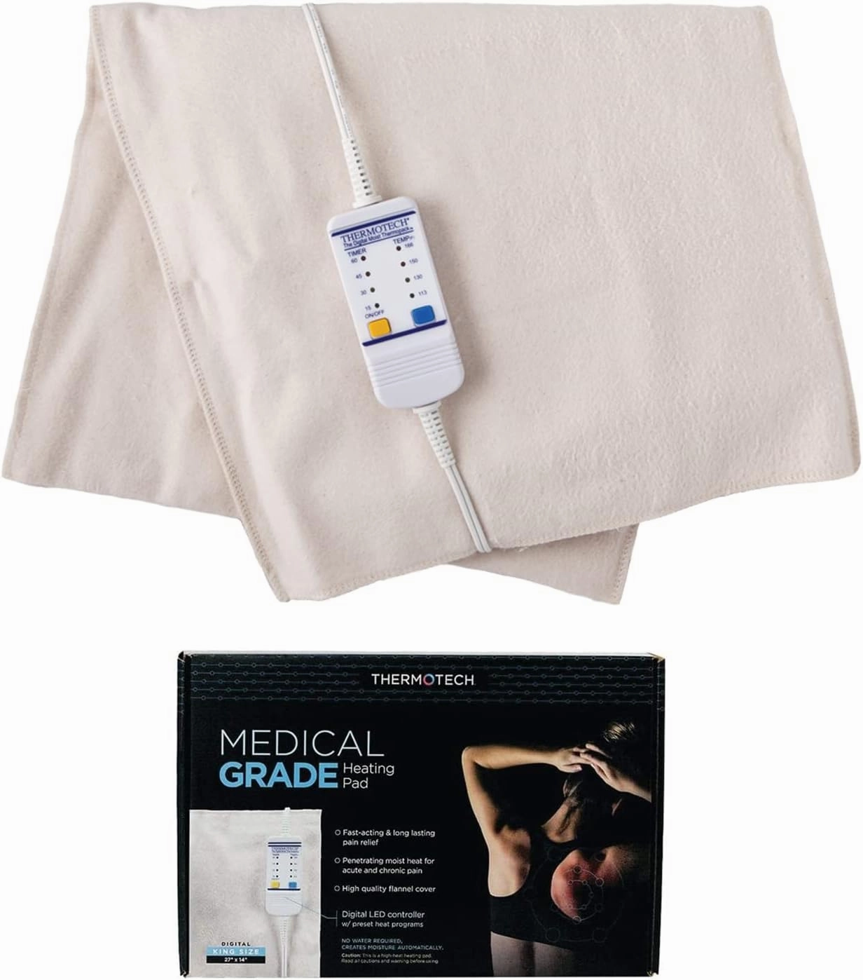 Medical Grade Heating pad with Automatic Moist Heat by Thermotech, High Heat Heating pad for Back Pain and Cramps - Extra Large King Digital - 26" by 14"