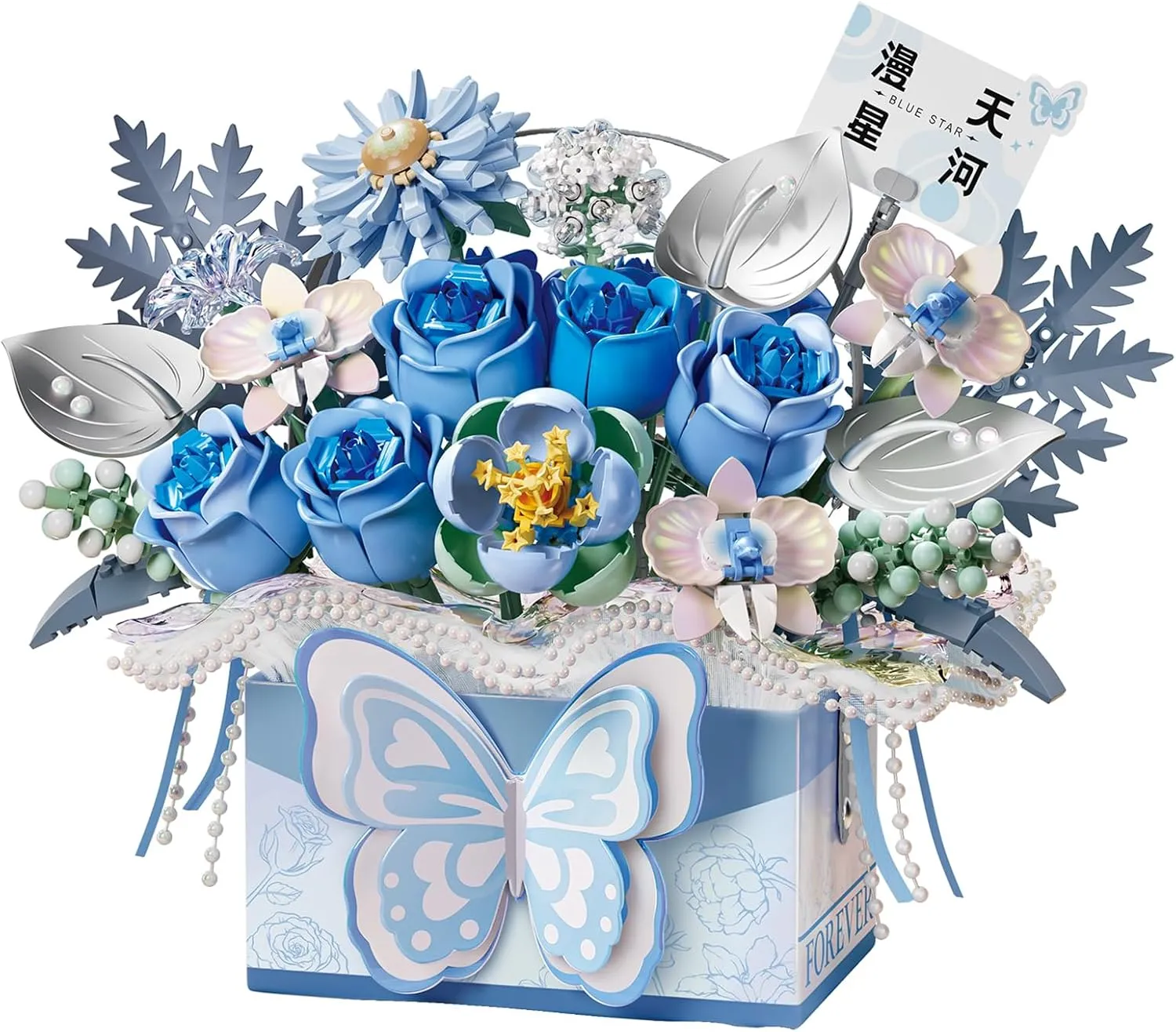 MEIEST Flower Bouquet Building Blocks Model Set,Simulation Artificial Rose Bonsai Plant Building Bricks Toys,Handheld Gift Box Home Decor (Blue Butterfly)