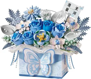 MEIEST Flower Bouquet Building Blocks Model Set,Simulation Artificial Rose Bonsai Plant Building Bricks Toys,Handheld Gift Box Home Decor (Blue Butterfly)