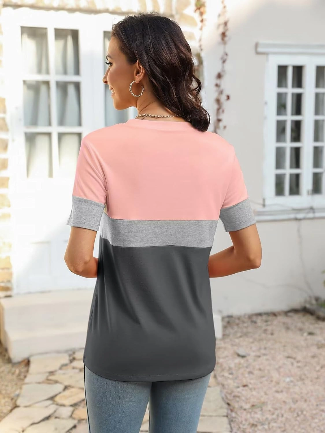 Minetom Women’s T Shirts Color Block Short Sleeve Tops Casual Summer Tees