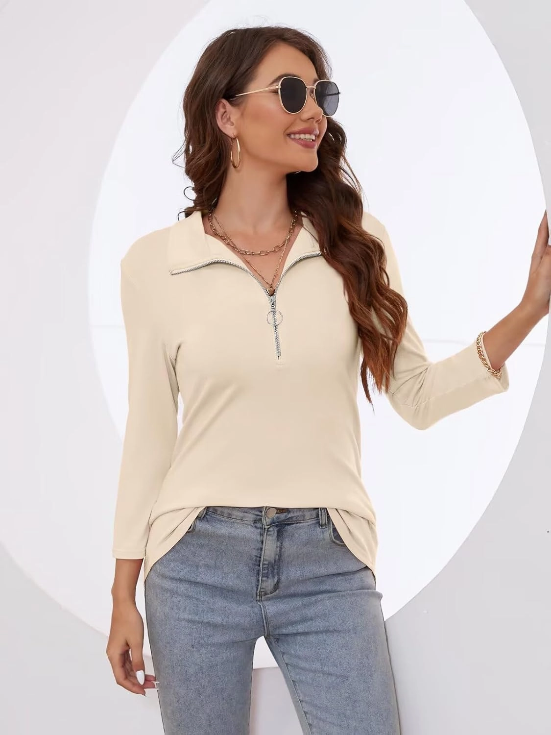 Minetom Women's V Neck 3/4 Sleeve Tops Quarter Zip Collared Shirts Polo Shirts Summer Tees