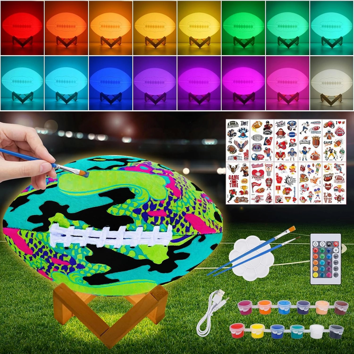 Minleway Paint Your Own Football Lamp Kit,9.6 Inch 16 Colors Night Light Toys for Girls Boys,Arts & Crafts Kit Art Supplies,Arts and Crafts Birthday Gifts for Kids Ages 3 4 5 6 7 8 9 10 11 12 