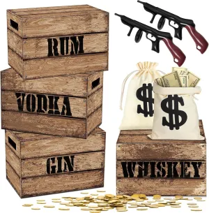 Money Bag Prop Set Include 2 Canvas Money Bag with Drawstring 2 Inflatable Gun Props 4 Pcs 15.7'' x 9.8'' Vintage Cardboard Box Mafia Pirate Theme Party Favors(Wood Grain)
