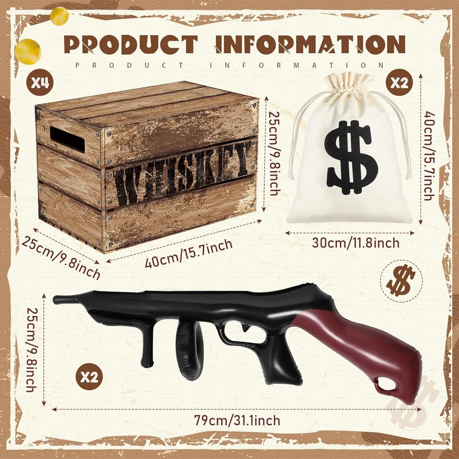 Money Bag Prop Set Include 2 Canvas Money Bag with Drawstring 2 Inflatable Gun Props 4 Pcs 15.7'' x 9.8'' Vintage Cardboard Box Mafia Pirate Theme Party Favors(Wood Grain)