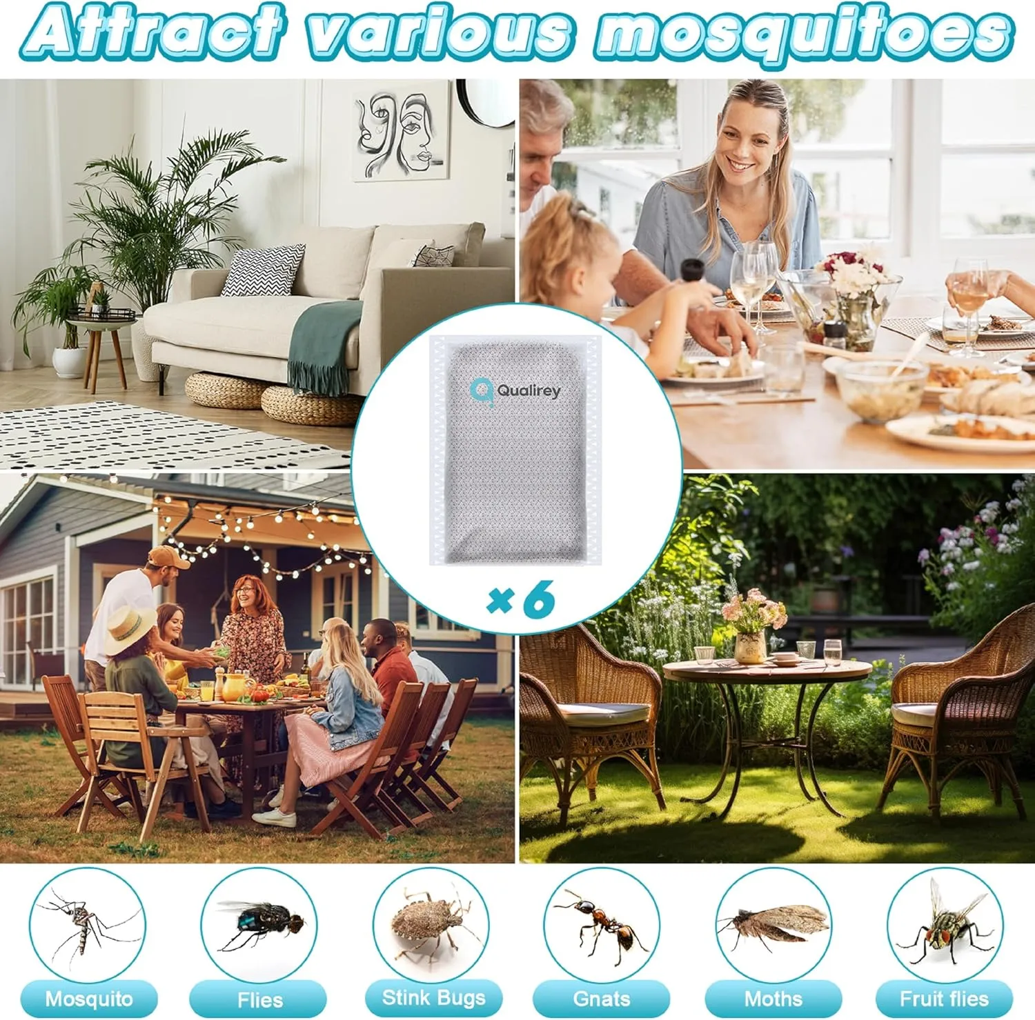Mosquito Attractant in Bulk, Mosquito Lure for Bug Zapper Bait Refill Compatible with All Mosquito Trap Enhances Catch Rates for Indoor Outdoor Traps, Safe and Long Lasting(6 Pack)