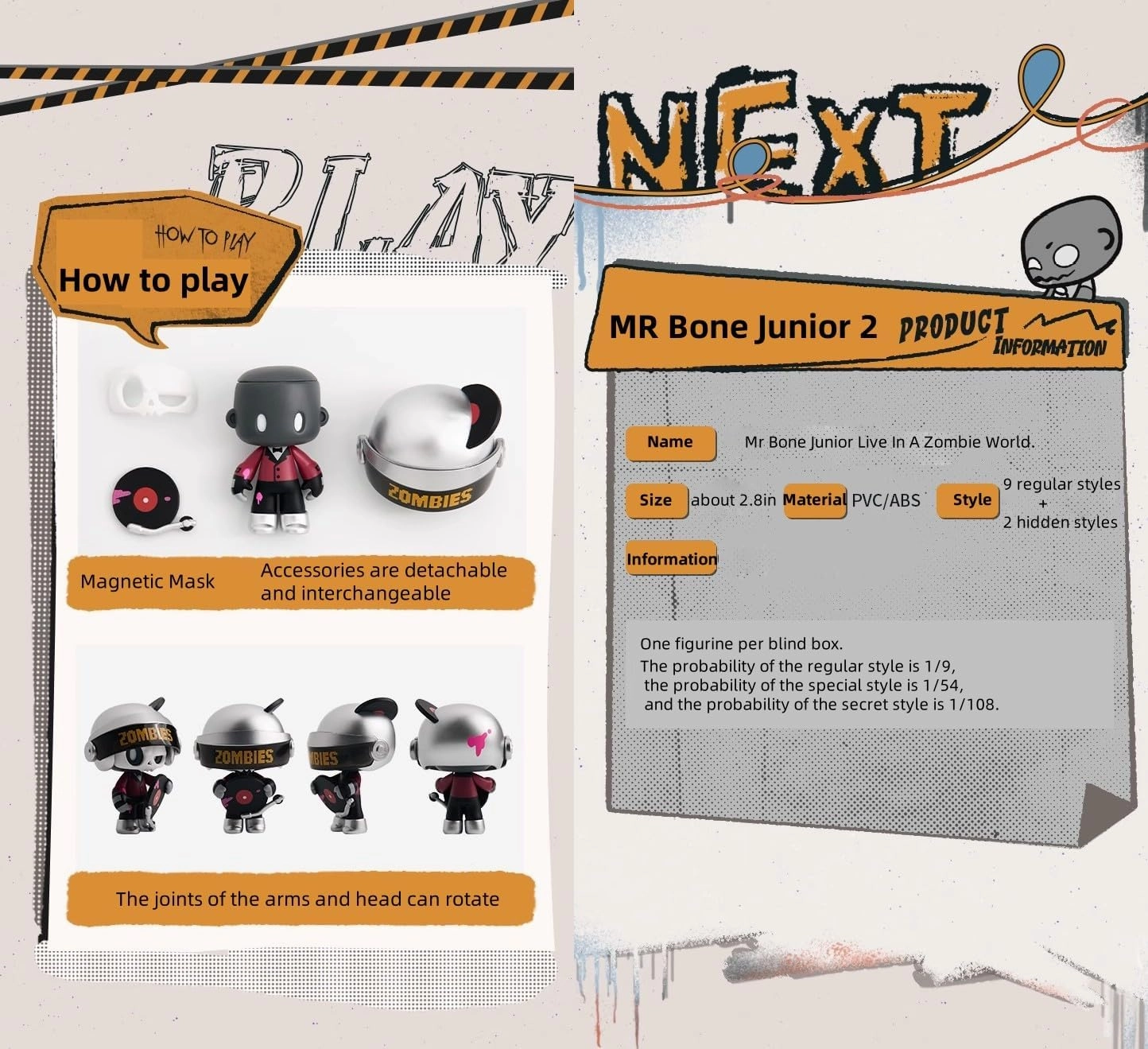 Mr Bone Junior Series 2 Live in A Zombie World Blind Box Figures 9PCs Cute Collectible Toys Home Decorations,Halloween Holiday Birthday Gifts
