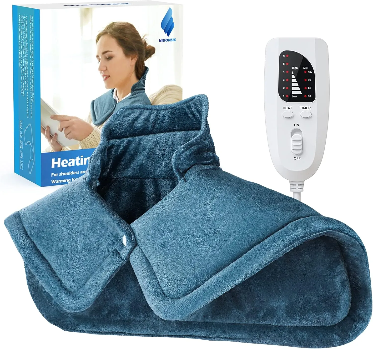 NIUONSIX Heating Pad for Neck and Shoulders, Mothers Day Gifts for Mom, Weighted Electric Heat Wrap for Back Pain Relief 6 Heat Settings 4 Timers 2h Auto Off, Birthday Gifts for Women Men Wife, Blue