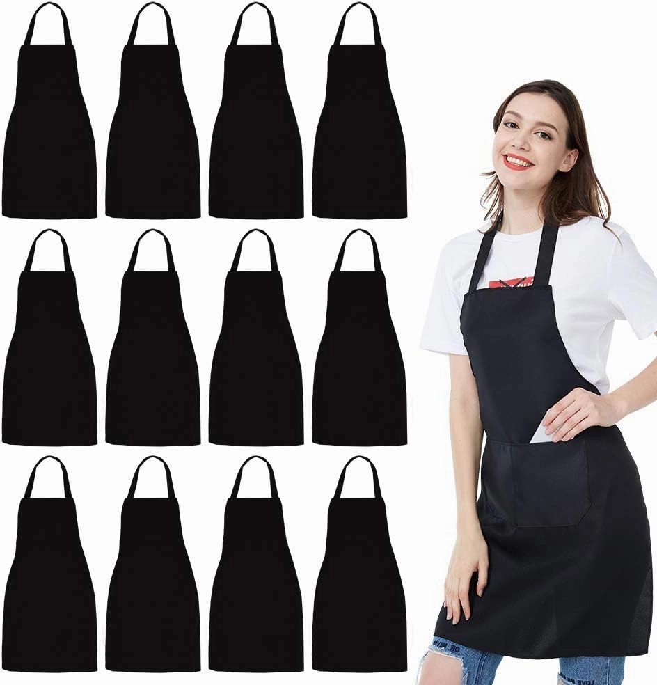 NOBONDO 12 Pack Bib Apron - Unisex Black Apron Bulk with 2 Roomy Pockets Machine Washable for Kitchen Crafting BBQ Drawing