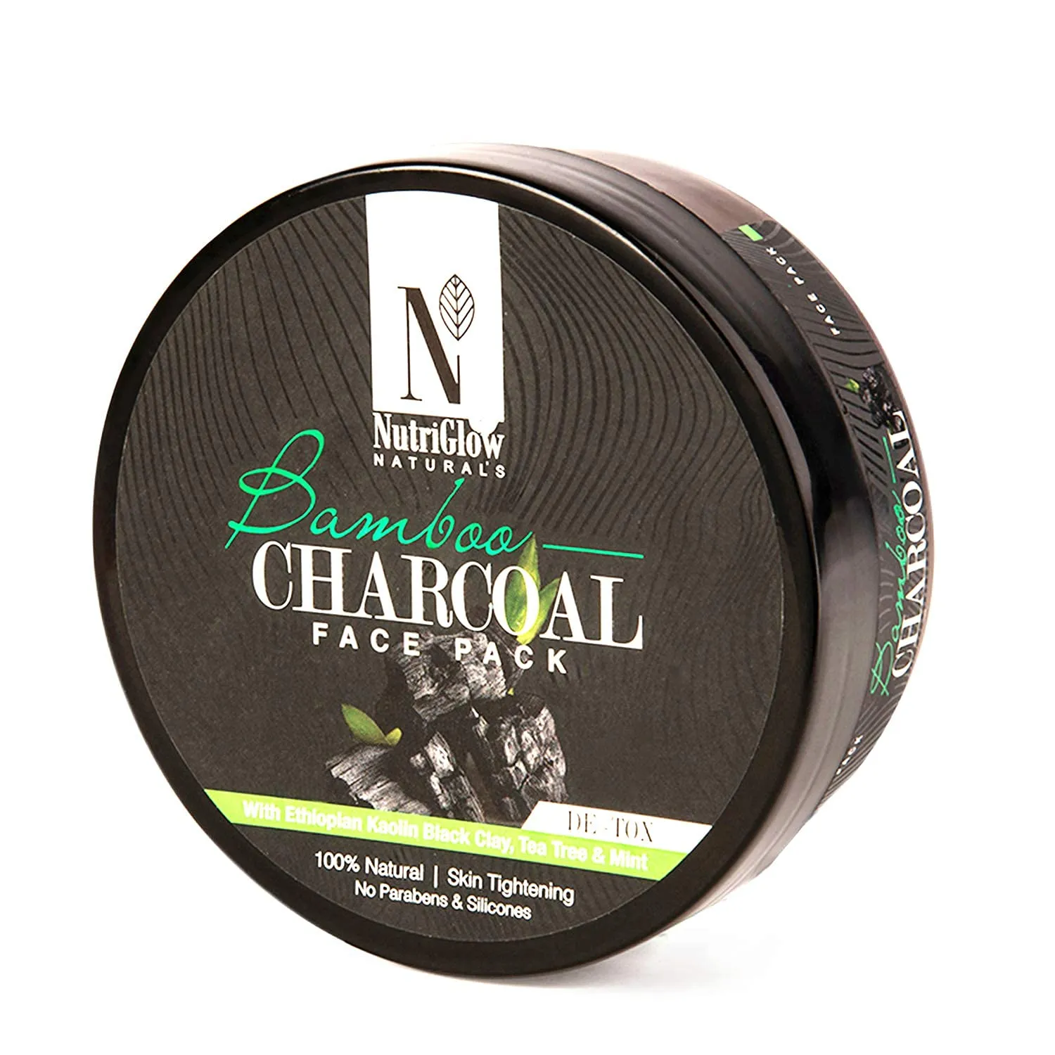 NUTRIGLOW NATURAL'S Bamboo Charcoal Face Pack With Ethiopian Kaolin Black Clay, Tea Tree & Mint, 100% Natural - For Dull Skin To Detox & Skin Tightening Hydrating Facial Cleanser, 7.05 Oz