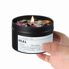 Obsidian Crystal Stone Energy Candle, Good Aura Health Protection, Baltic Amber Chakra Magic Vegetarian Affirmation Gift.(HEAL)