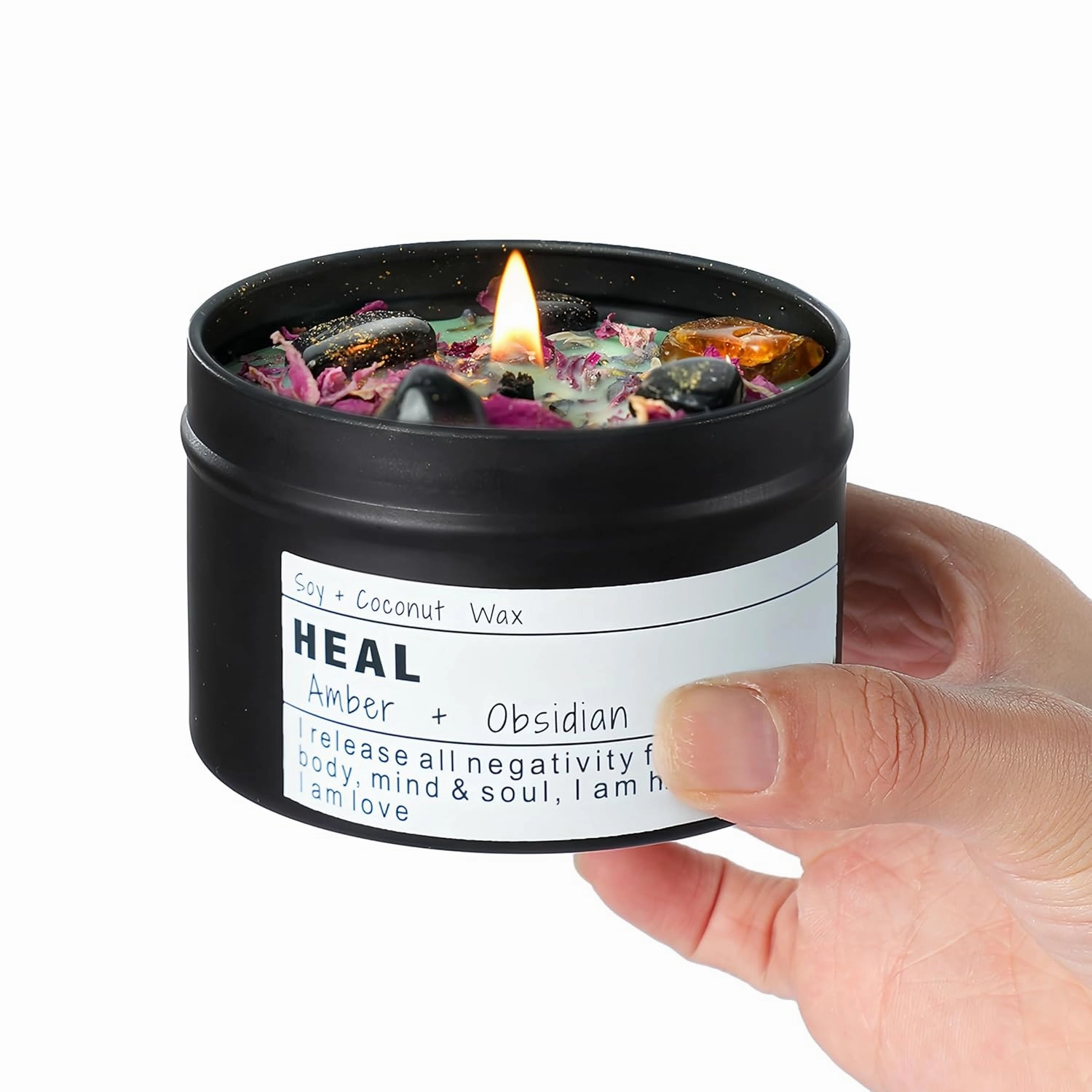 Obsidian Crystal Stone Energy Candle, Good Aura Health Protection, Baltic Amber Chakra Magic Vegetarian Affirmation Gift.(HEAL)