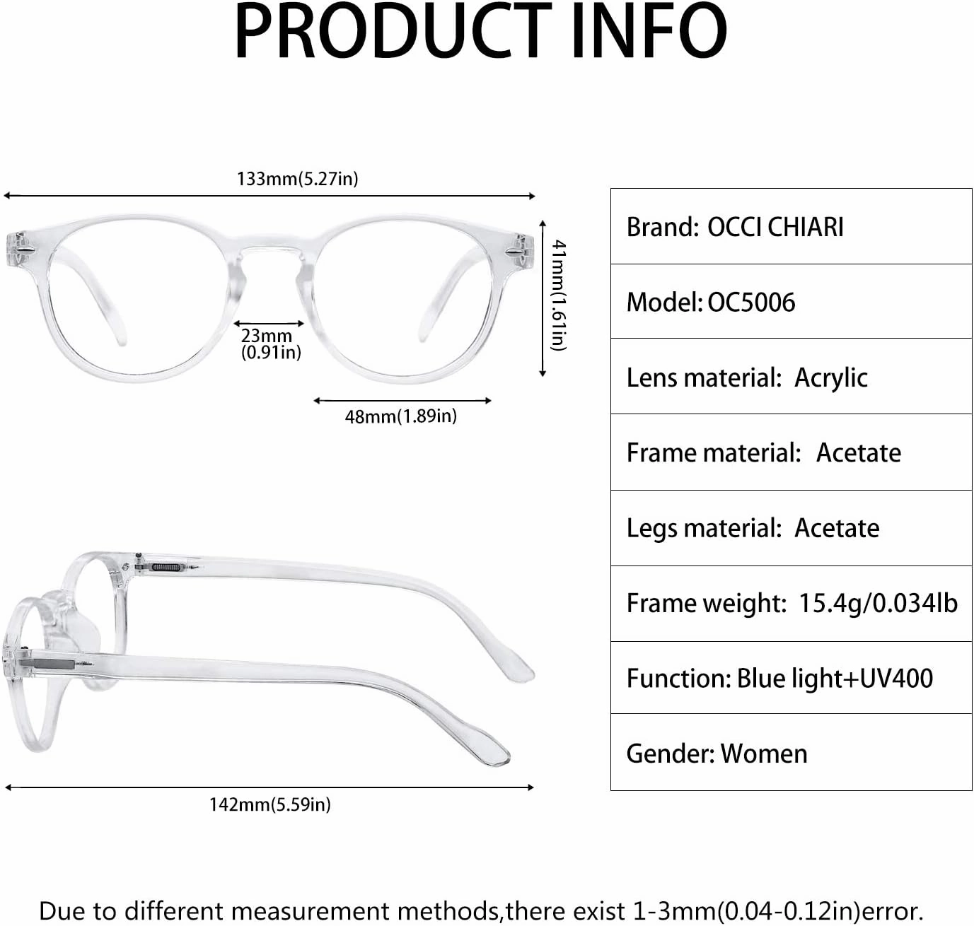 OCCI CHIARI Reader Glasses for Women(1.0 1.25 1.5 1.75 2.0 2.25 2.5 2.75 3.0 3.5 4.0 5.0 6.0)