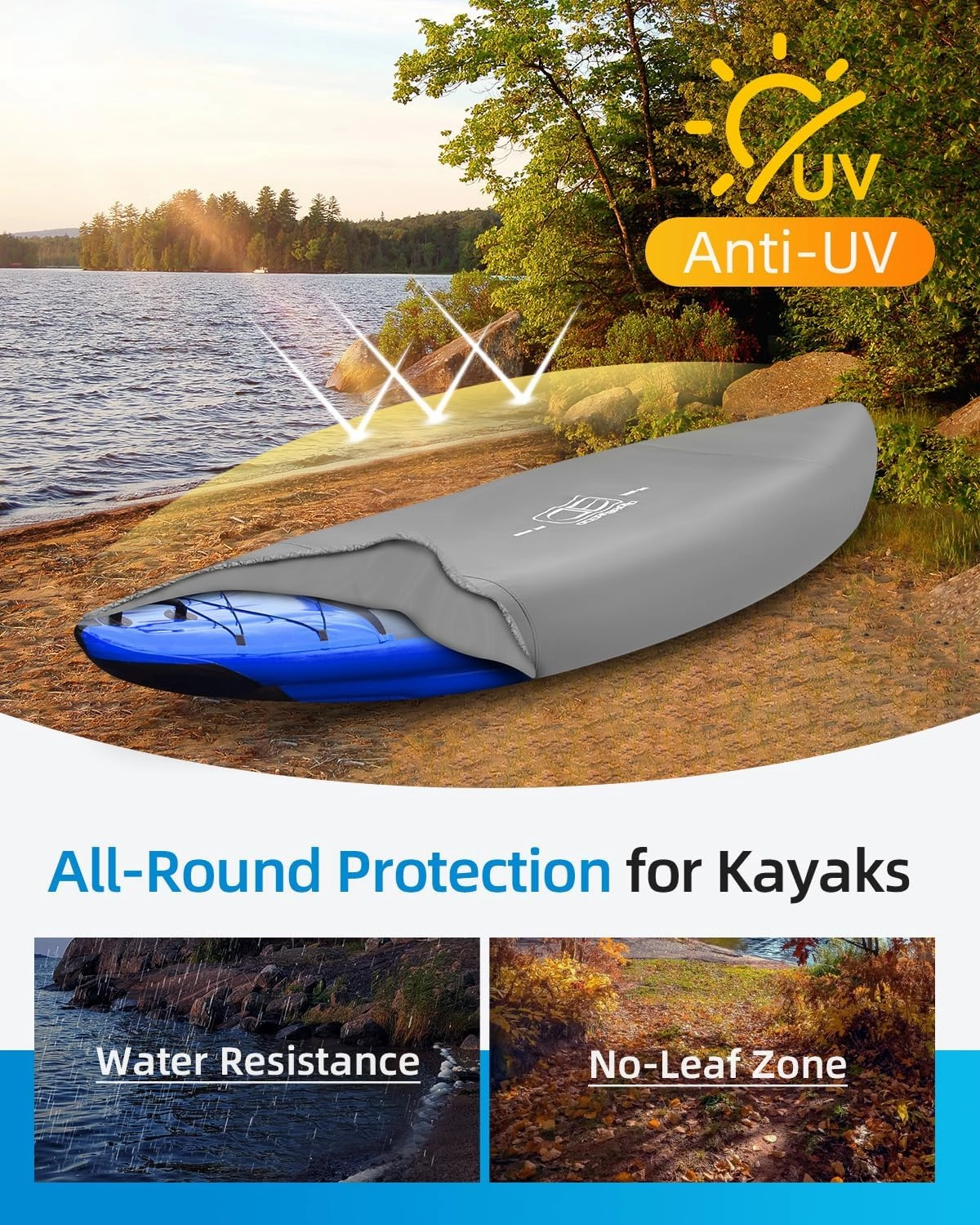 OCEANBROAD 300D/420D/600D Kayak Cover, Water-Resistant UV-Resistant Kayak Canoe Fishing Boat Dust Covers for Indoor and Outdoor Storage, Suitable for 10.8-12ft Kayak, 300D Gray