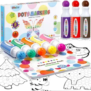 Ohuhu Washable Dot Markers for Toddler 8 Colors Bingo Daubers 40 ml (1.41 oz) with a Blank 30 Pages Kids Activity Book for Kids Children (3 Ages  ) Preschool Non-Toxic Water-Based Dot Art Markers