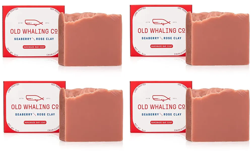 Old Whaling Co Seaberry and Rose Clay Handmade Bar Soap 4 Pack – Face, Hand and Body Wash - Moisturizing Olive Oil Bath Soap – Raspberry, Orange, Plum and Vanilla Scent, 5 oz Each