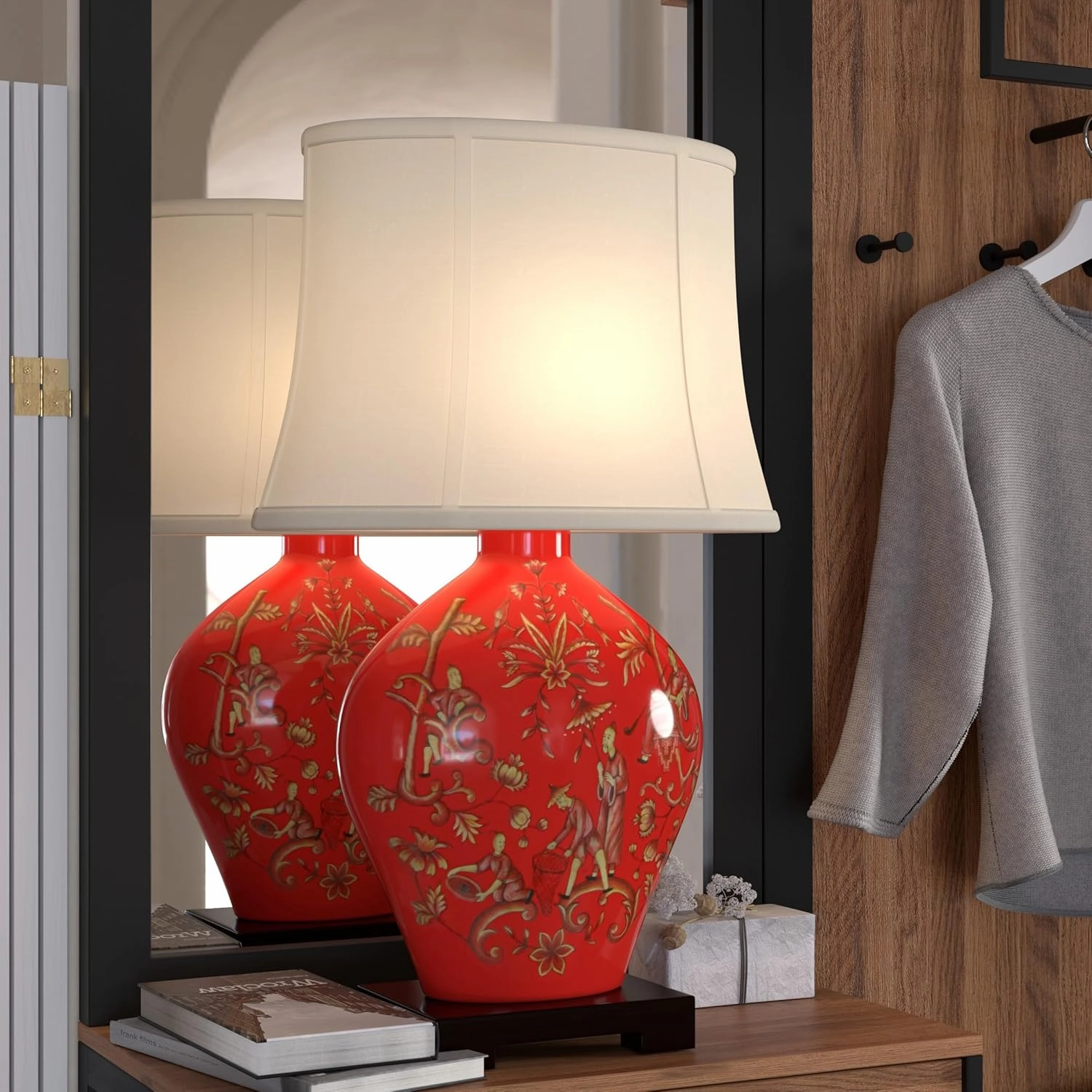 Oriental Furniture 27" Fruitful Harvest Porcelain Lamp, Red