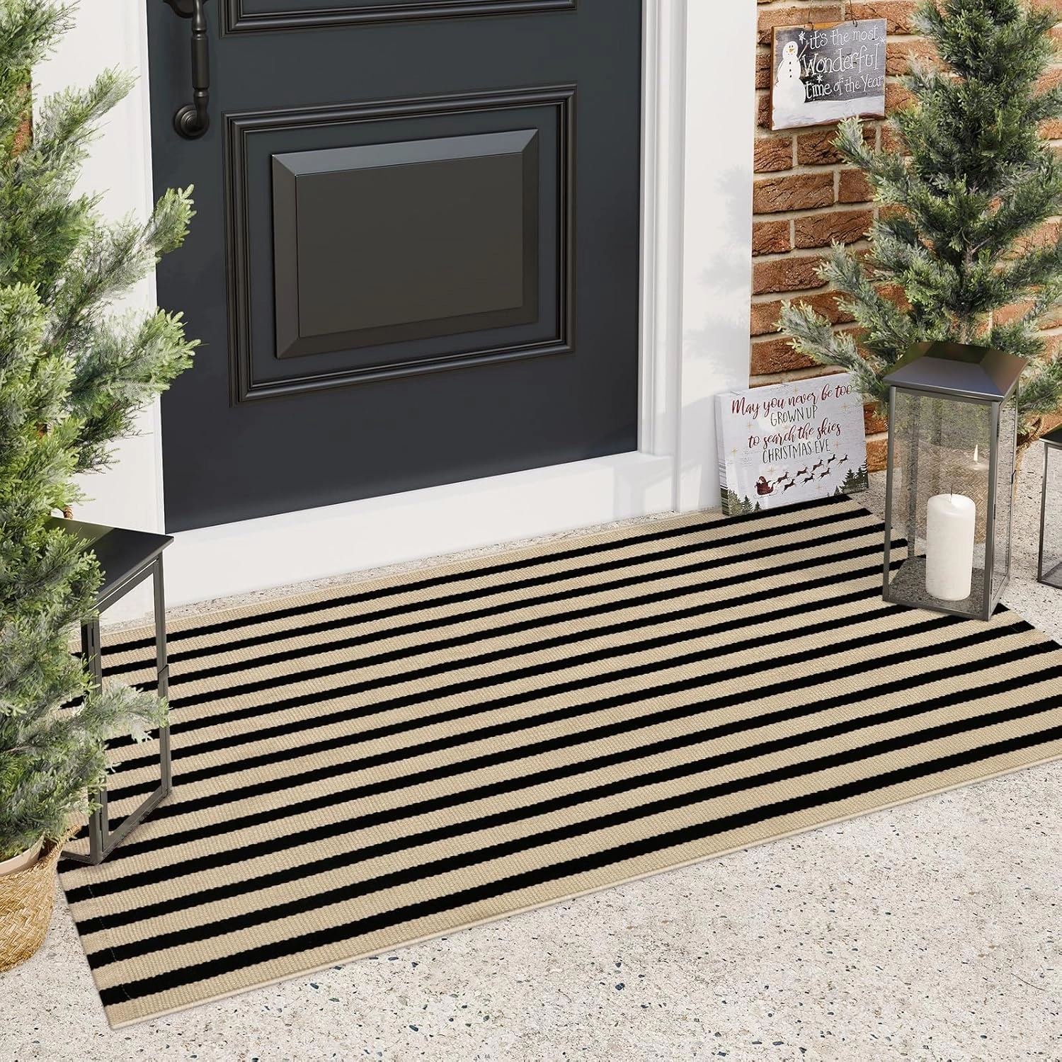 Outdoor Rug Front Door Mat 2'x4.3', Cotton Indoor Doormat Washable Black and Tan Striped Rug, Stain Resistant Reversible Layered Door Mats for Entryway/Farmhouse/Home Entrance