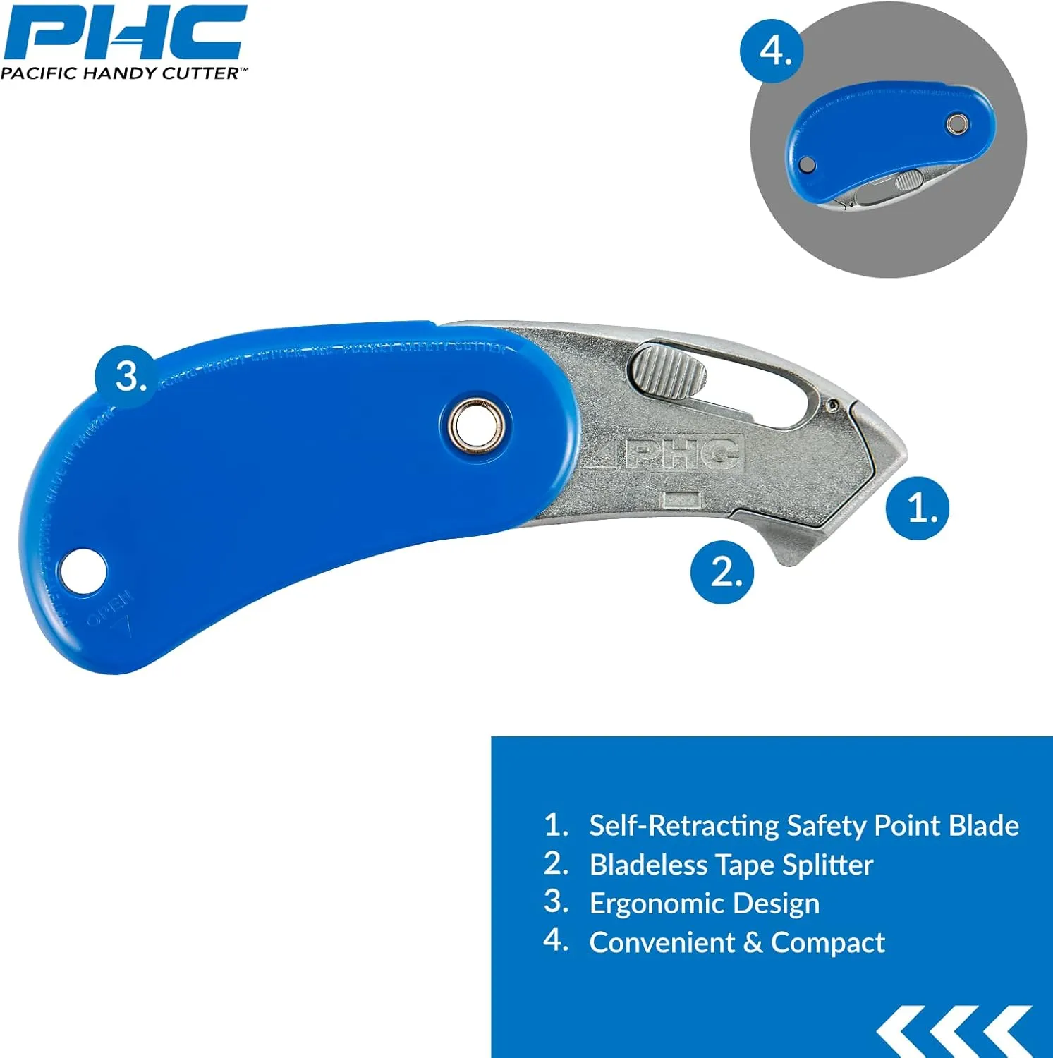 Pacific Handy Cutter PSC2 Pocket Safety Cutter, Box of 12, Blue, Compact Design with Integrated Bladeless Tape Splitter, Self-Retracting Safety Point Blade for Boxes, Tape, String, Paper, or Plastic