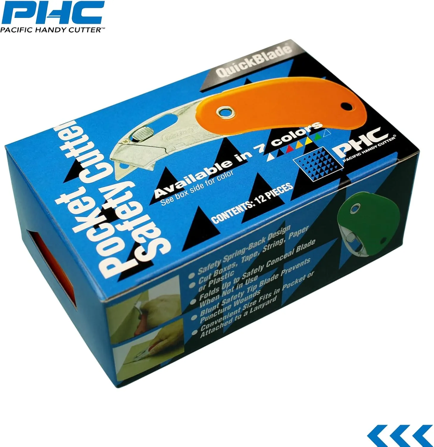 Pacific Handy Cutter PSC2 Pocket Safety Cutter, Box of 12, Blue, Compact Design with Integrated Bladeless Tape Splitter, Self-Retracting Safety Point Blade for Boxes, Tape, String, Paper, or Plastic