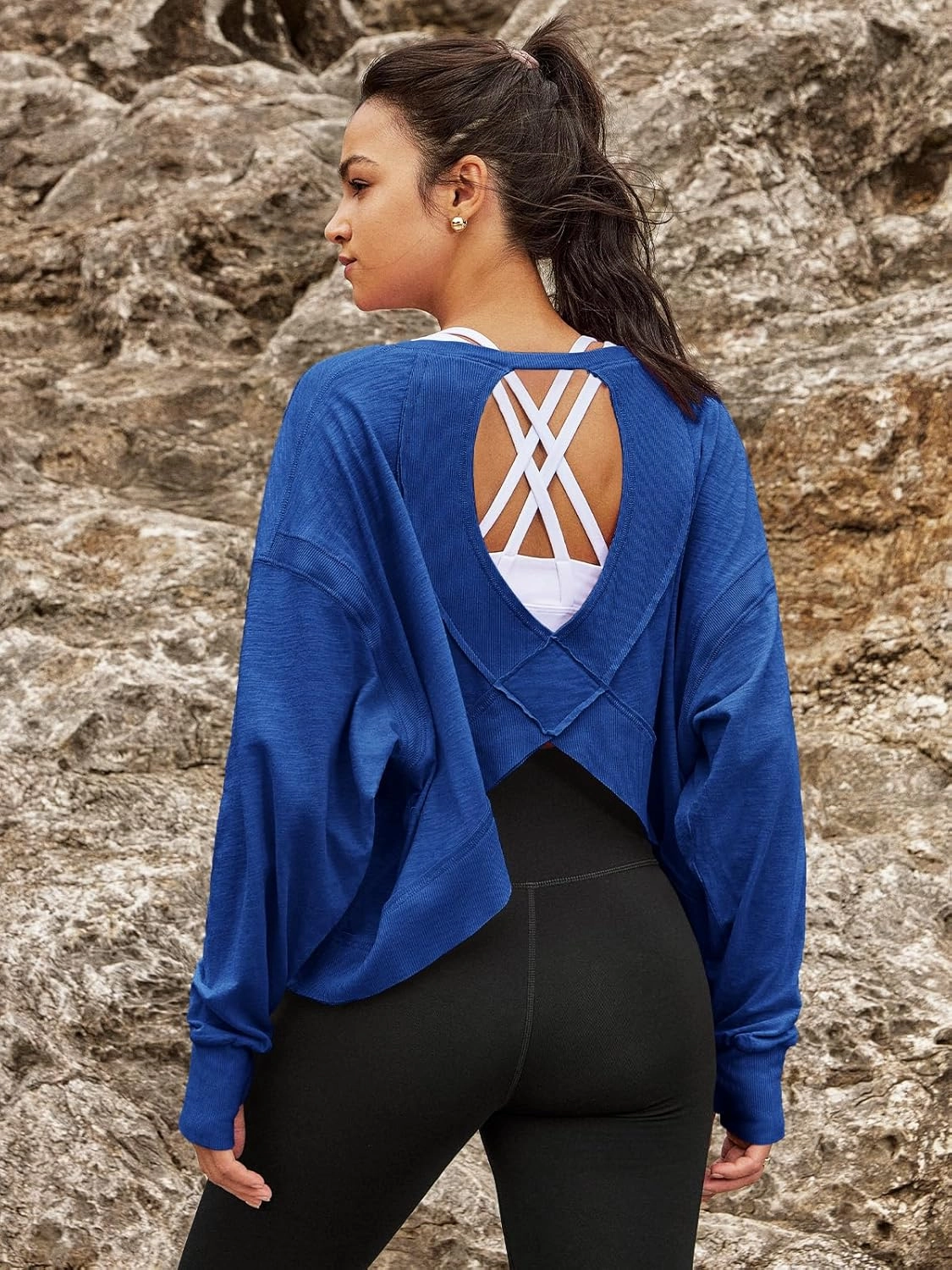 Panadila Womens Open Back Workout Top Long Sleeve Athletic Shirts Casual Crop Running Tee Y2k Yoga