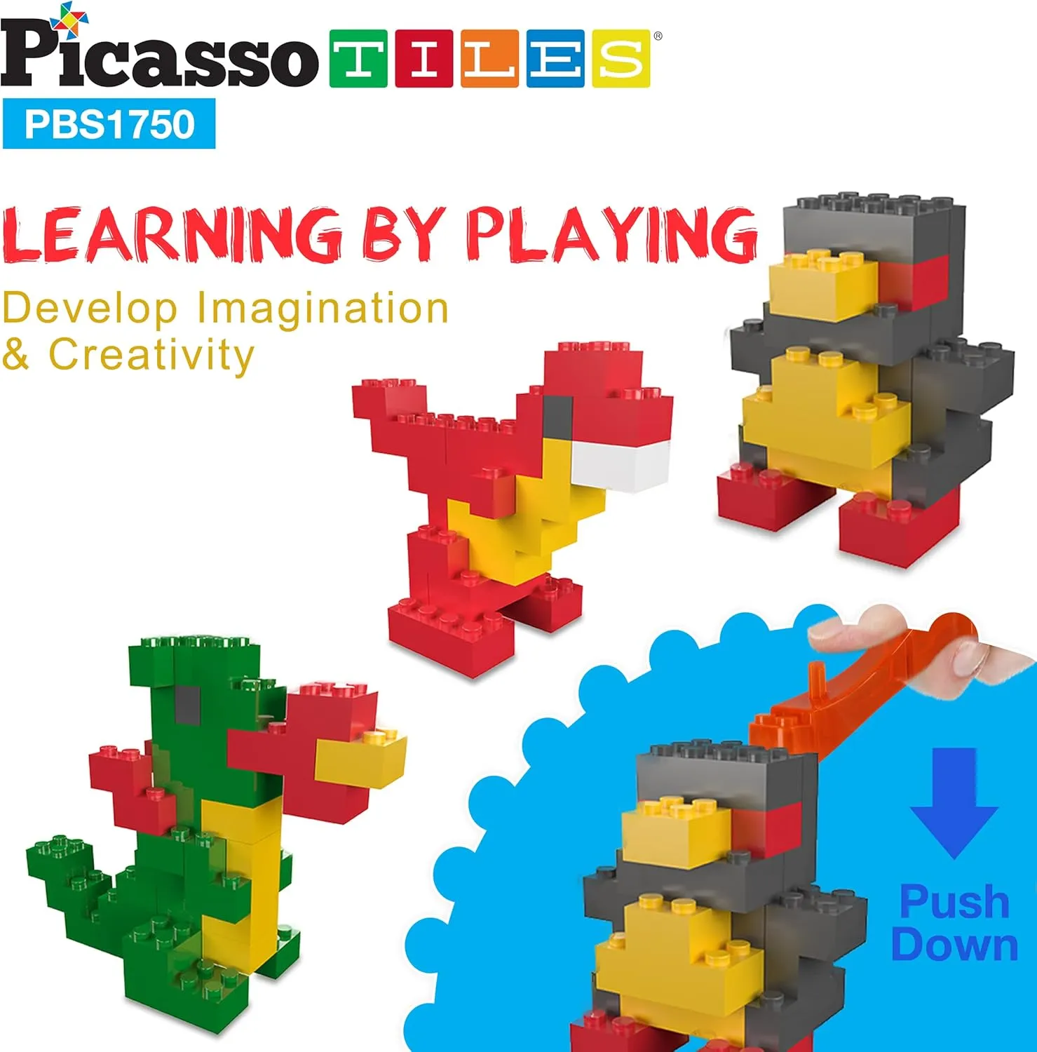PicassoTiles 1750 PCS Building Block Tiles Creative Shapes to Enhance Imaginative Play Unique Set to Build Houses Numbers Animals and More Vibrant STEM Toys Washable for Learning Education Ages 3 