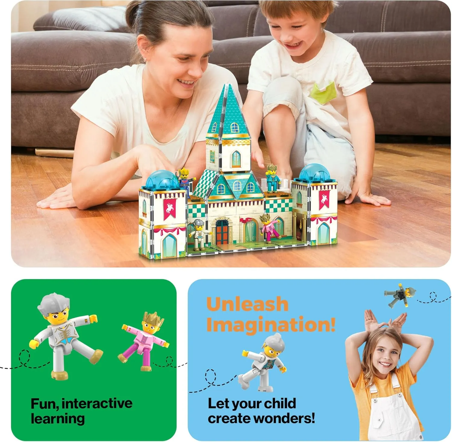 PicassoTiles 70pc Middle Age Medieval and Castle Theme Tile 2in1 8 Character Action Figures Magnet Tiles Building Block Pretend Magnetic Play Fine Motor Skill STEM Educational Construction Age3  PTQ01