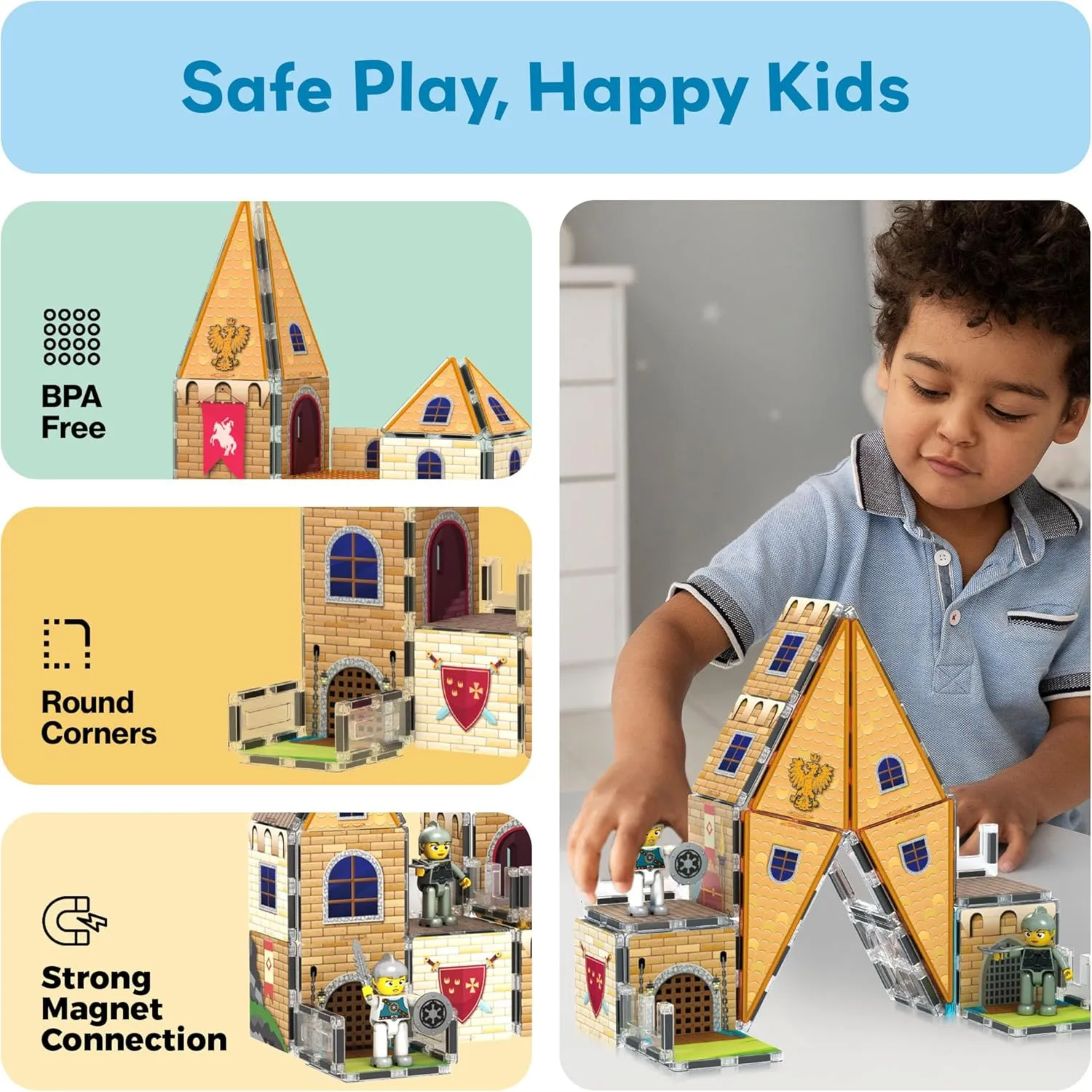 PicassoTiles 70pc Middle Age Medieval and Castle Theme Tile 2in1 8 Character Action Figures Magnet Tiles Building Block Pretend Magnetic Play Fine Motor Skill STEM Educational Construction Age3  PTQ01