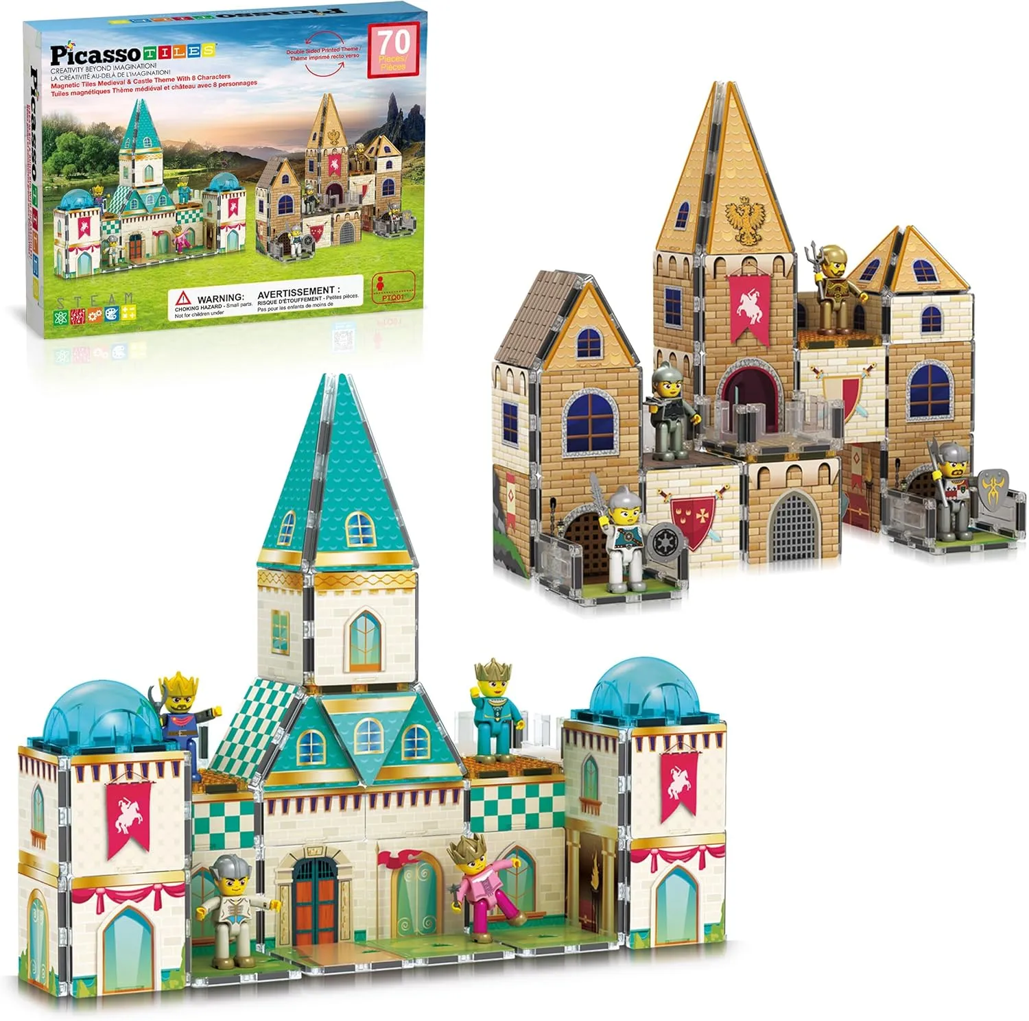 PicassoTiles 70pc Middle Age Medieval and Castle Theme Tile 2in1 8 Character Action Figures Magnet Tiles Building Block Pretend Magnetic Play Fine Motor Skill STEM Educational Construction Age3  PTQ01
